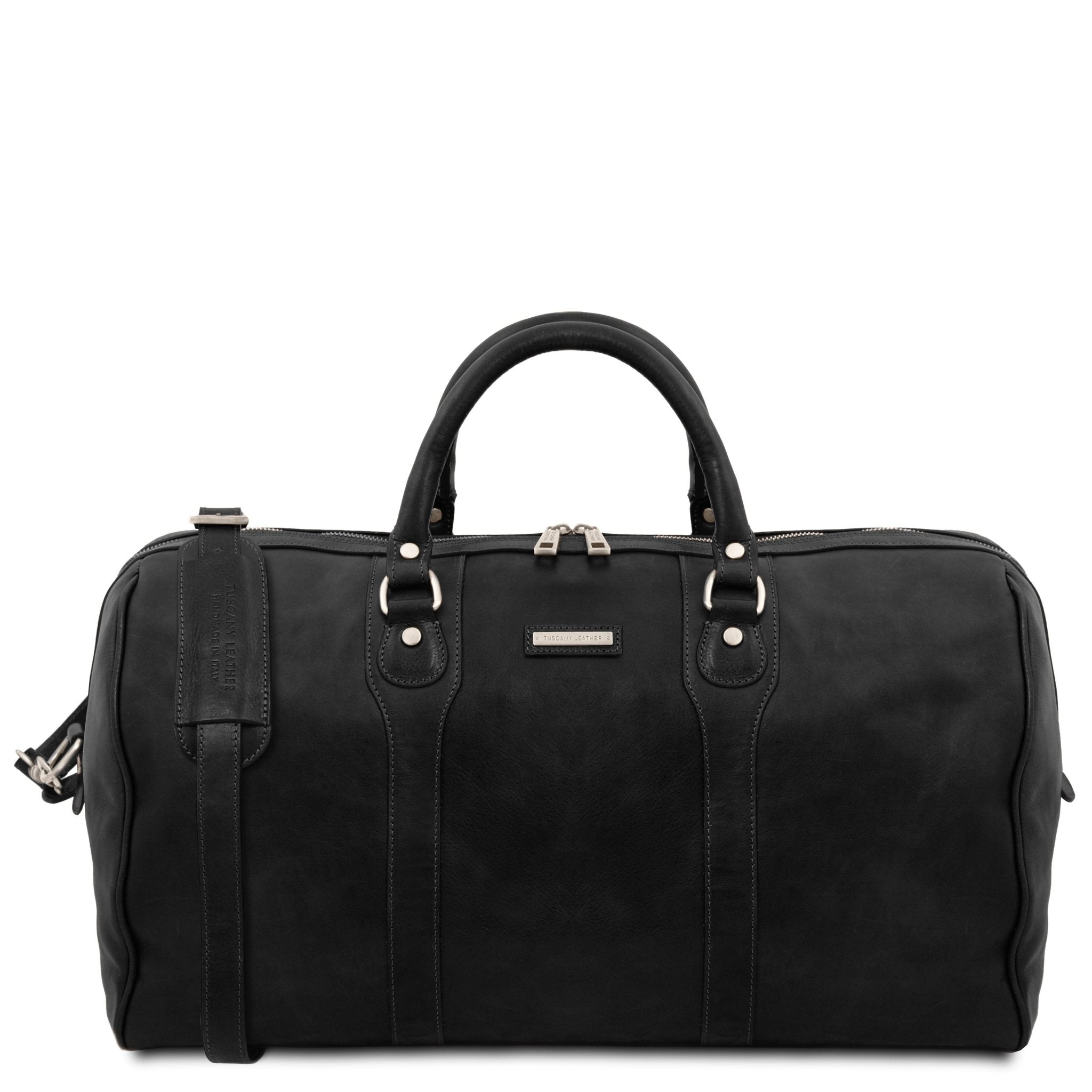 Oslo Travel Leather Weekender Duffle Bag in Black on a white background, front view , silver-tone hardware