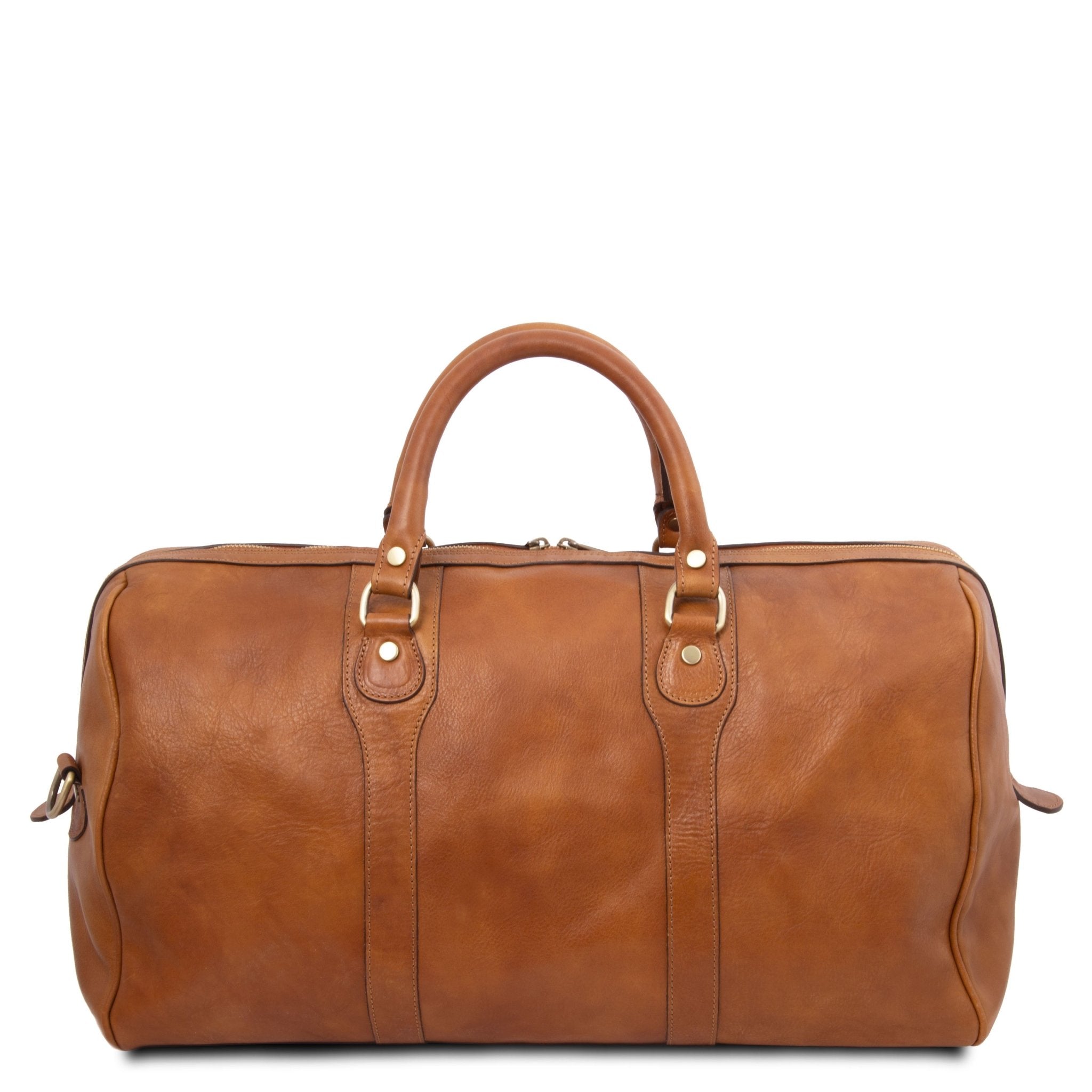 Back view Oslo Travel Leather Weekender Duffle Bag in Natural on a white background