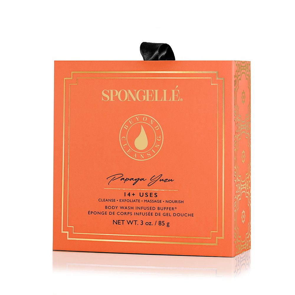 Papaya Yuzu Flower Spa Body Buffer orange packaging box with gold and black lettering,