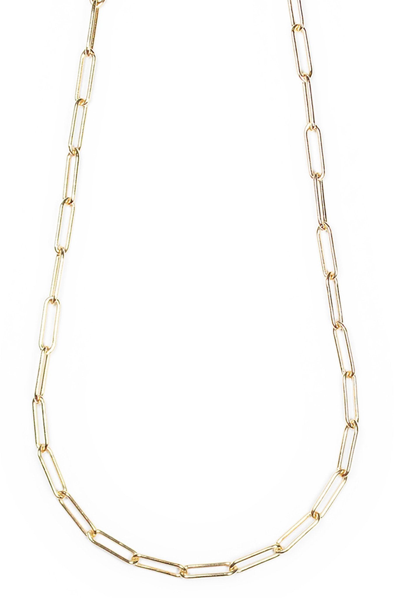 Paperclip Link Gold Signature Necklace hanging on a white background