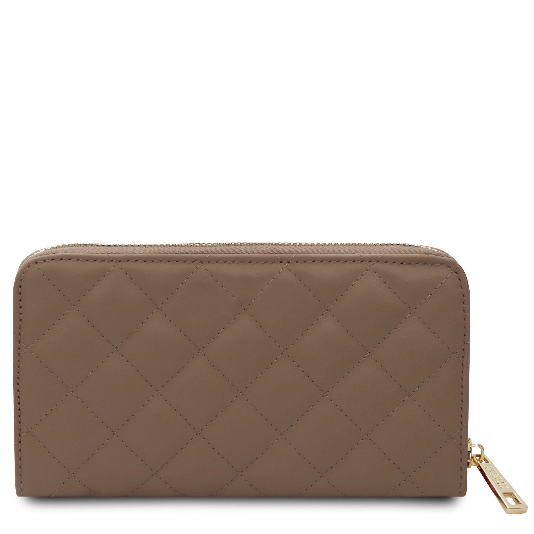 Back view Penelope Exclusive Zip Around Italian quilted Leather Wallet in dark taupe on a white background