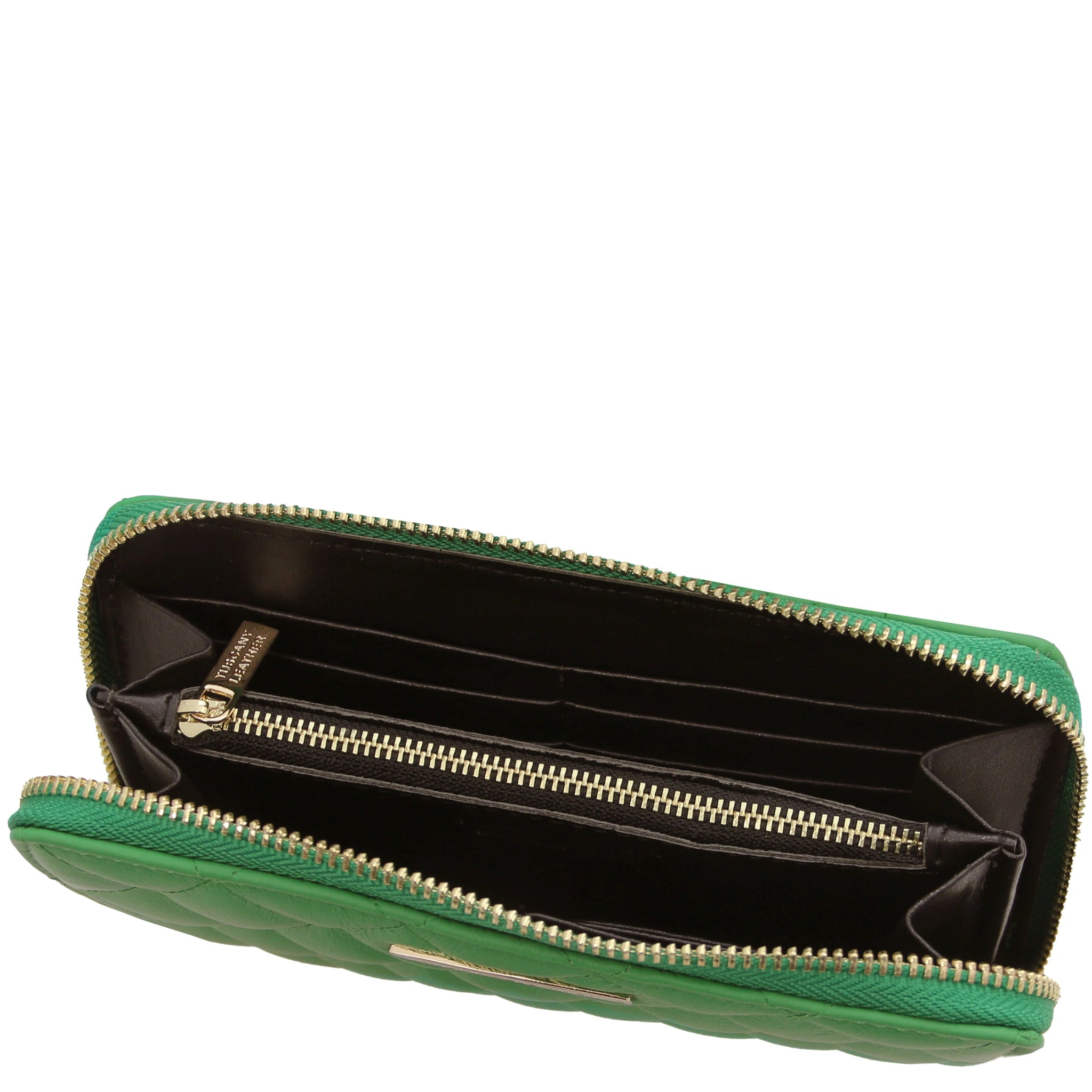Top interior view Penelope Exclusive Zip Around Italian Leather Wallet ingreen showing zip coin pocket, card slots and opened compartments