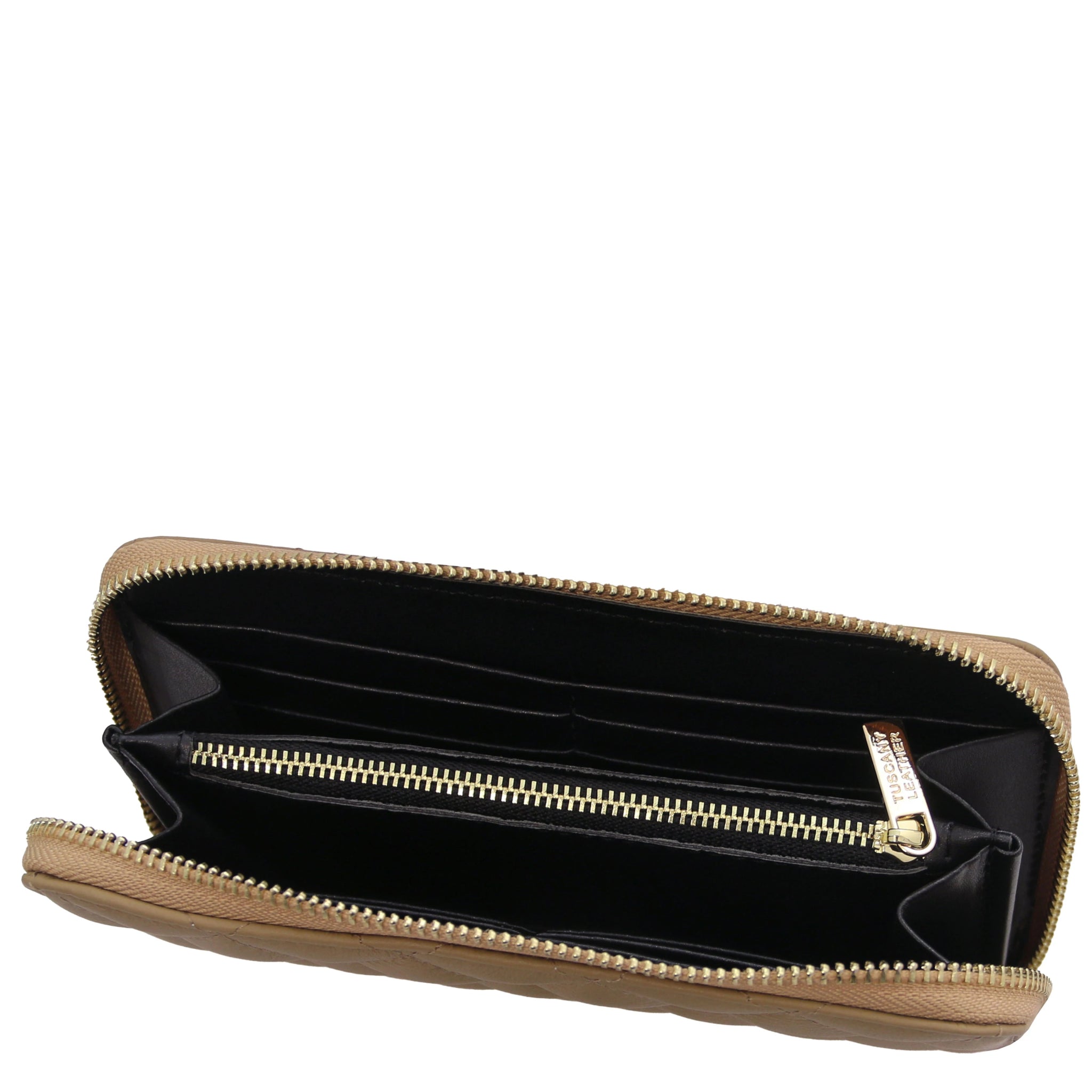 Top interior view Penelope Exclusive Zip Around Italian Leather Wallet in light taupe showing zip coin pocket, card slots and opened compartments