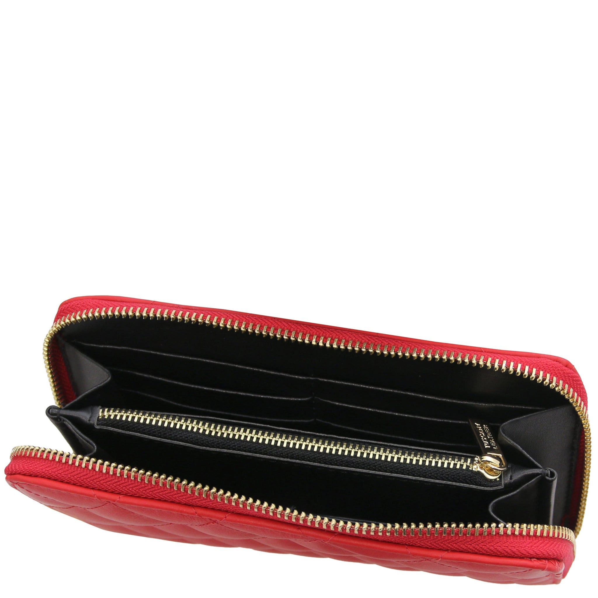 Top interior view Penelope Exclusive Zip Around Italian Leather Wallet in red showing zip coin pocket, card slots and opened compartments