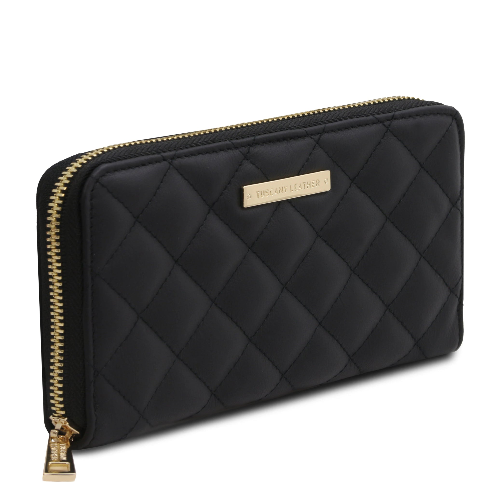 Front side view Penelope Exclusive Zip Around Italian quilted Leather Wallet in black on a white background