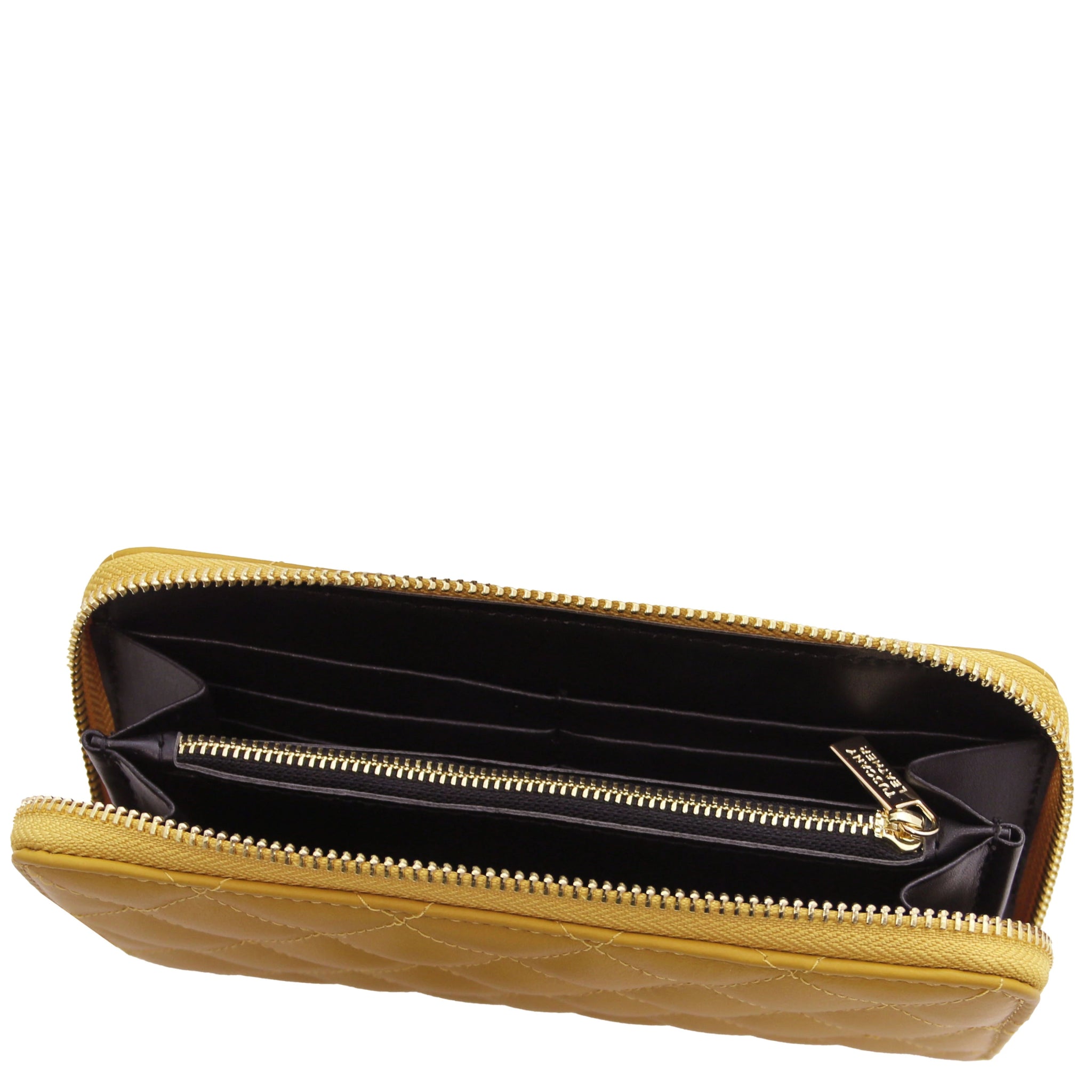 Top interior view Penelope Exclusive Zip Around Italian Leather Wallet in mustard showing zip coin pocket, card slots and opened compartments