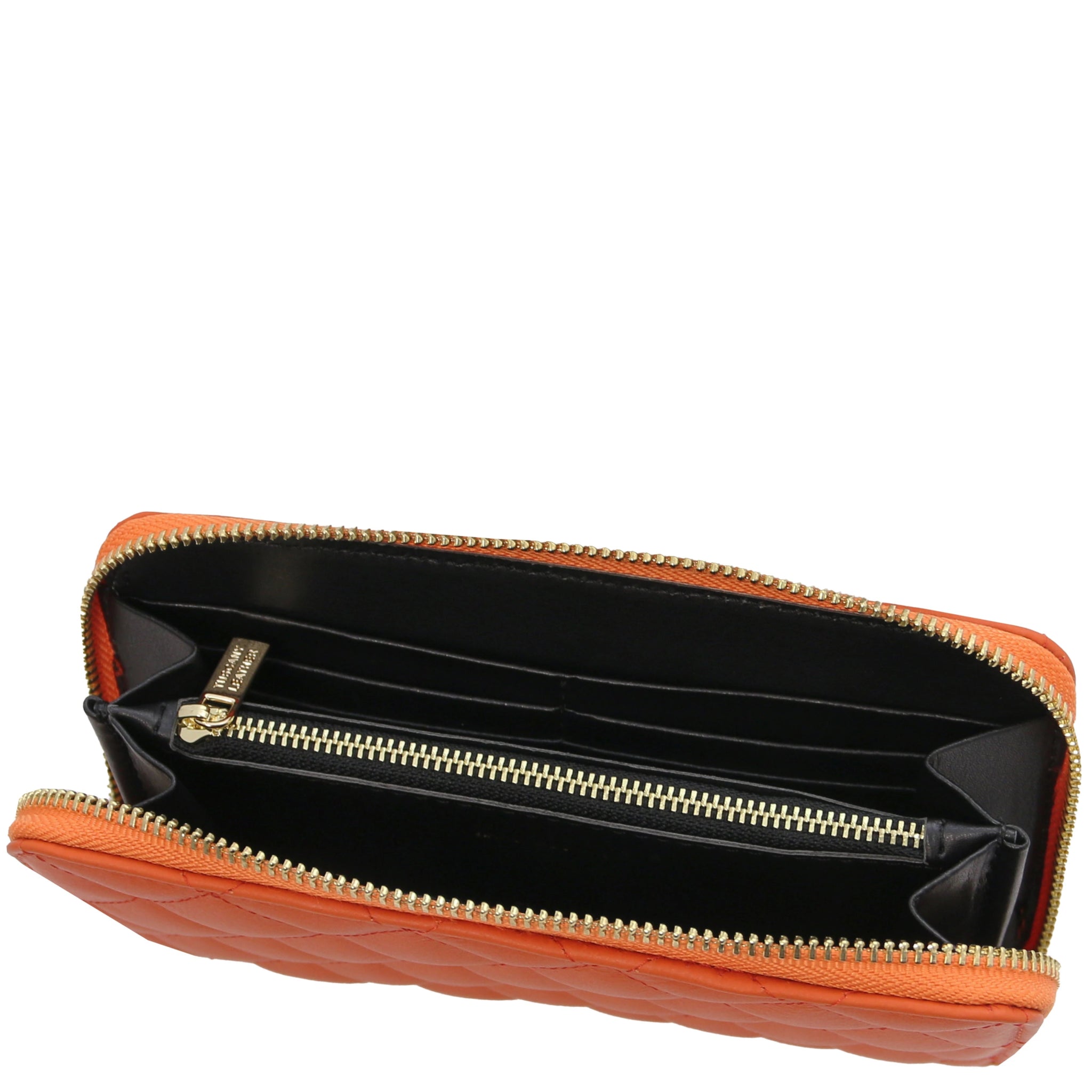 Top interior view Penelope Exclusive Zip Around Italian Leather Wallet in orange showing zip coin pocket, card slots and opened compartments
