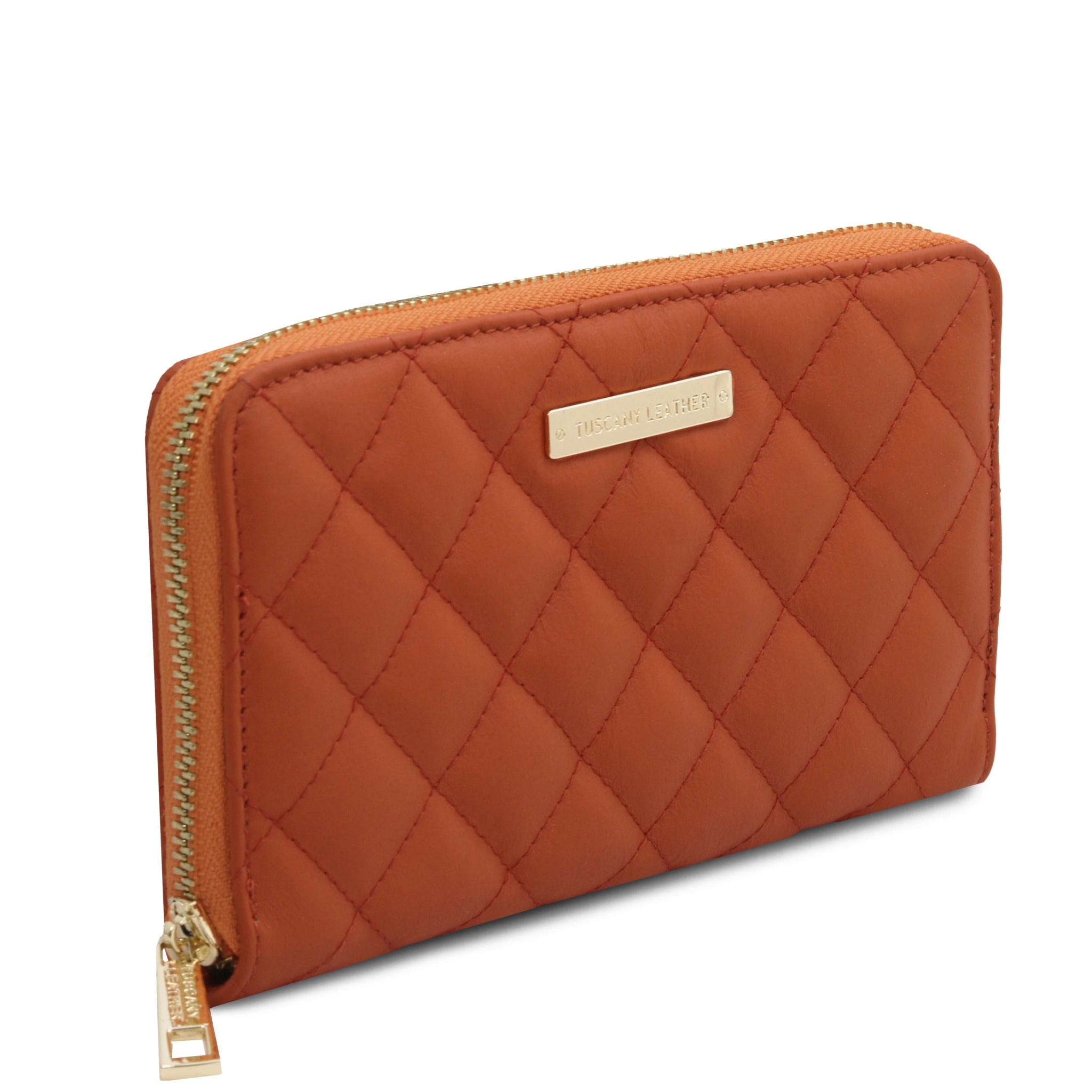 Front side view Penelope Exclusive Zip Around Italian quilted Leather Wallet in orange on a white background