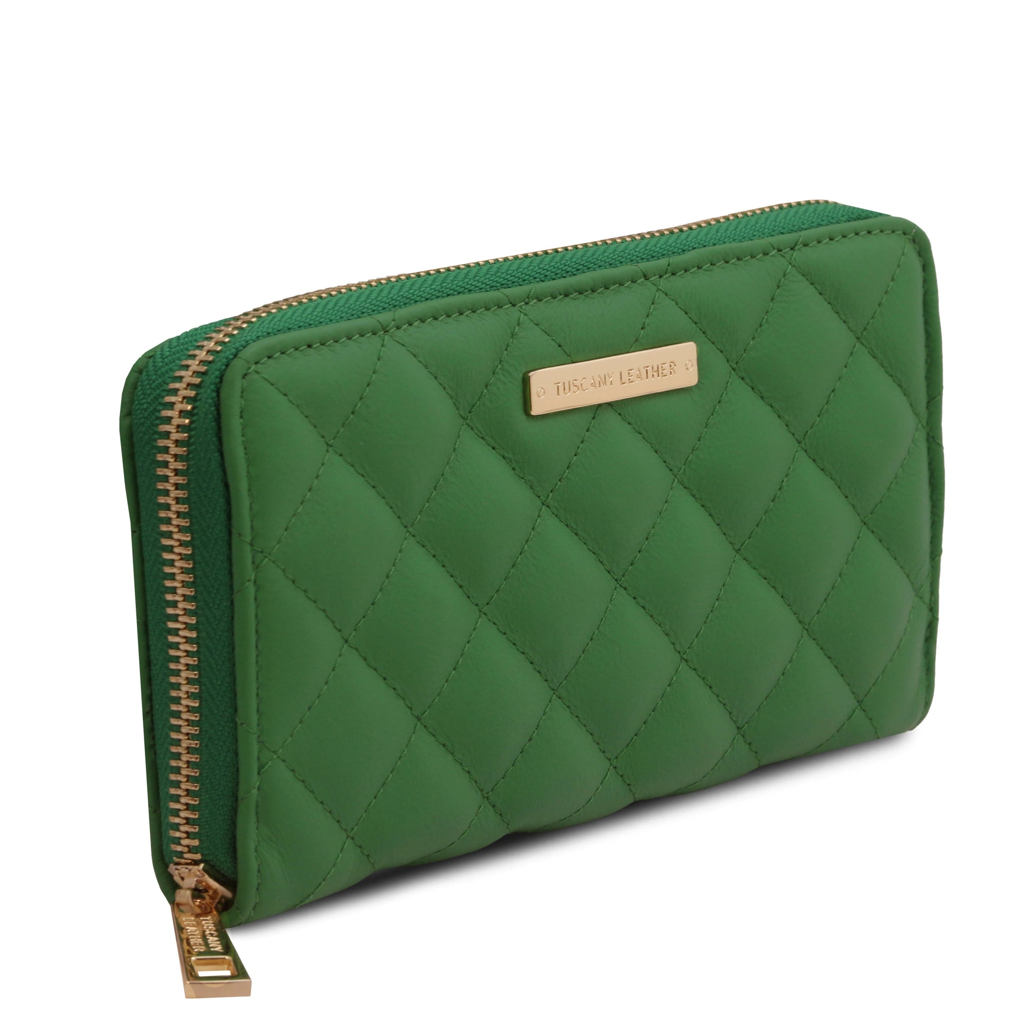 Front side view Penelope Exclusive Zip Around Italian quilted Leather Wallet in green on a white background