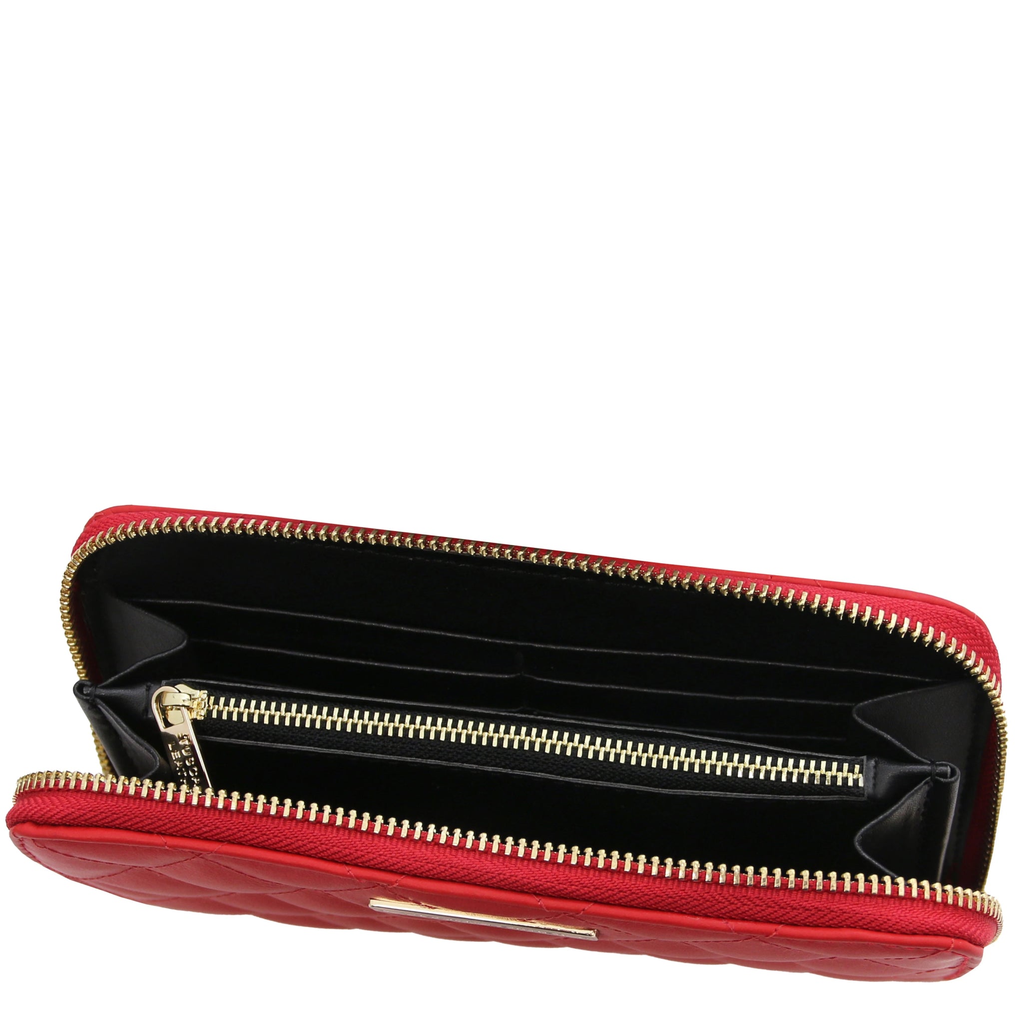 Top interior view Penelope Exclusive Zip Around Italian Leather Wallet in red showing zip coin pocket, card slots, opened compartments and dark lining