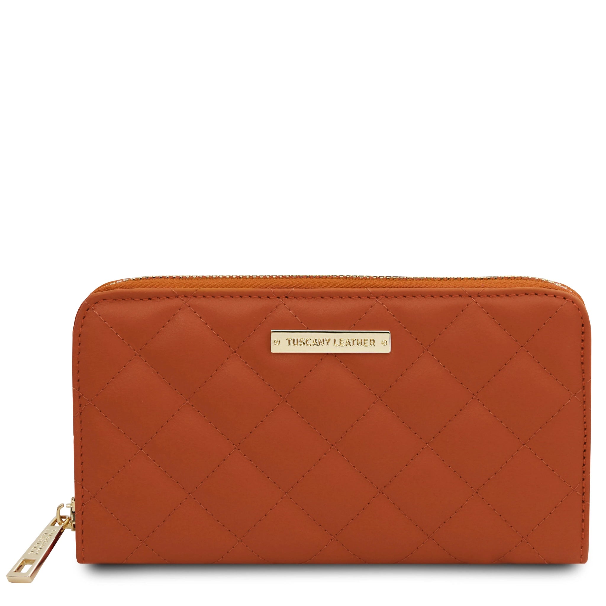 Front view Penelope Exclusive Zip Around Italian Leather Wallet in orange on a white background
