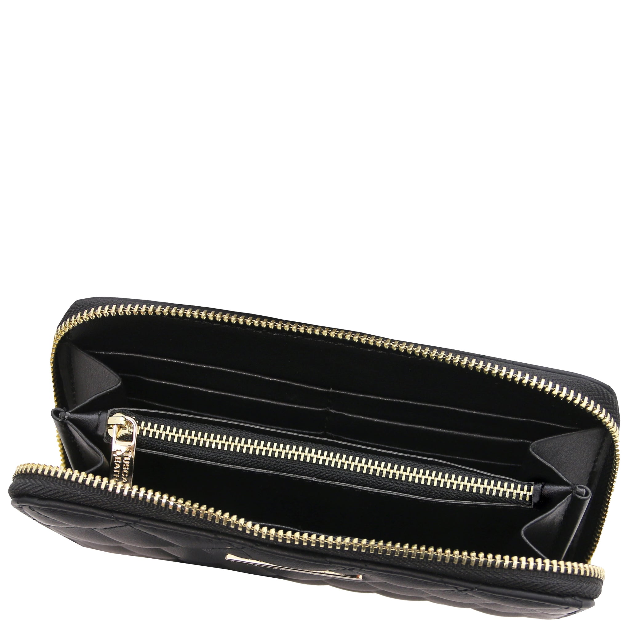Top interior view Penelope Exclusive Zip Around Italian Leather Wallet in black showing zip coin pocket, card slots, opened compartments and black lining
