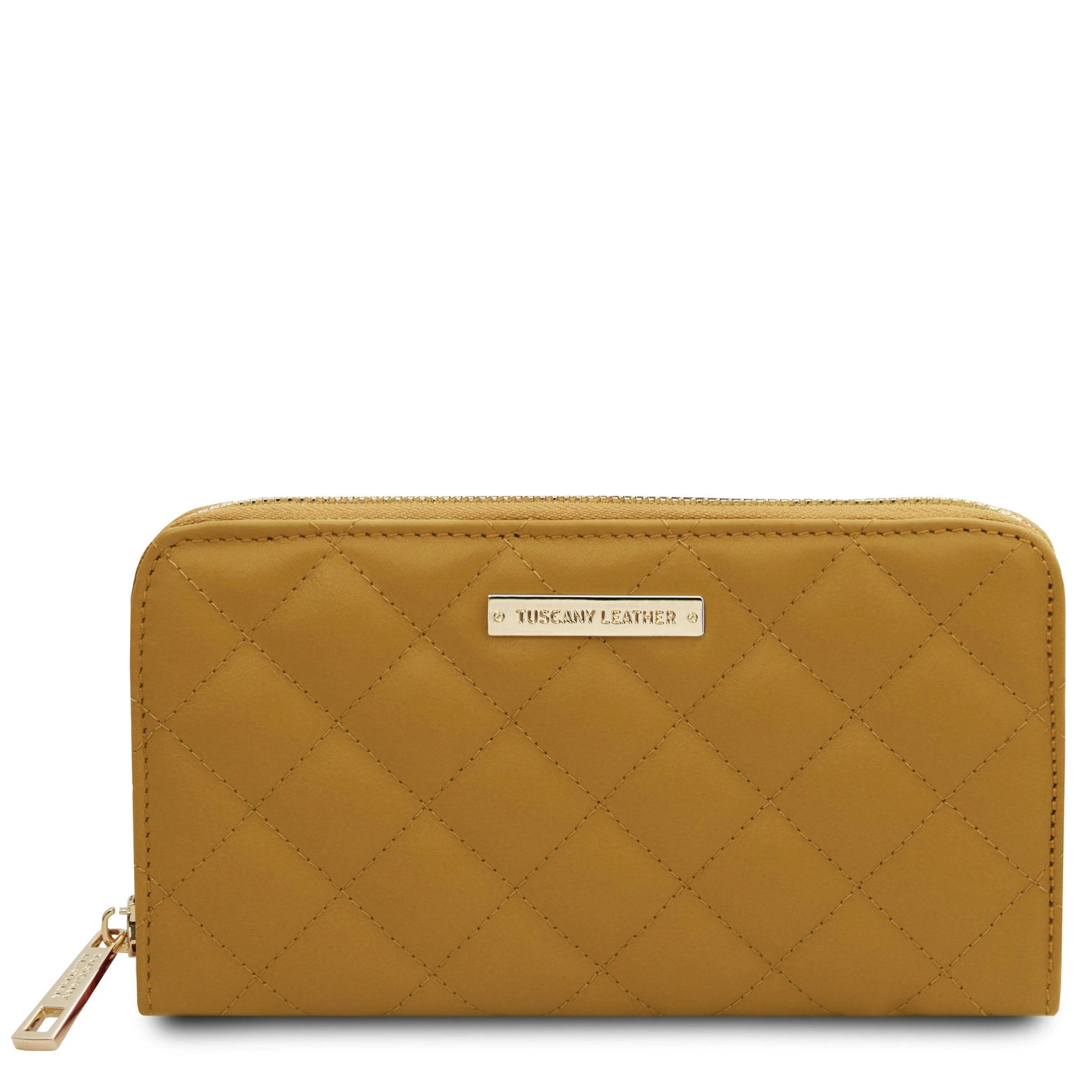 Front view Penelope Exclusive Zip Around Italian Leather Wallet in mustard on a white background