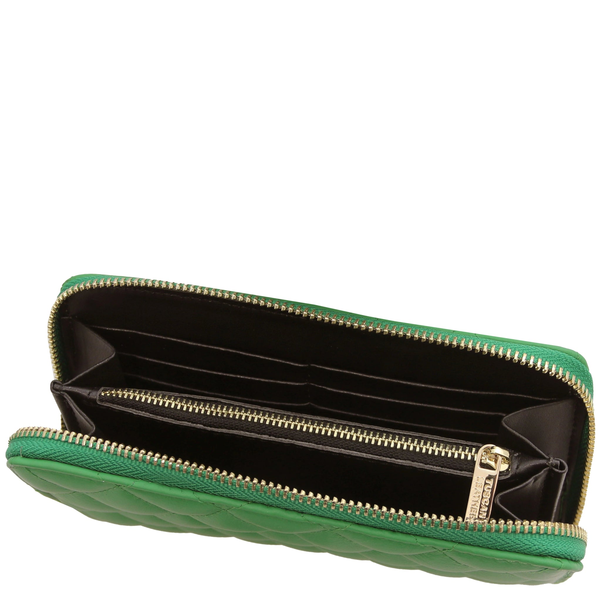 Top interior view Penelope Exclusive Zip Around Italian Leather Wallet in green showing zip coin pocket, card slots and opened compartments