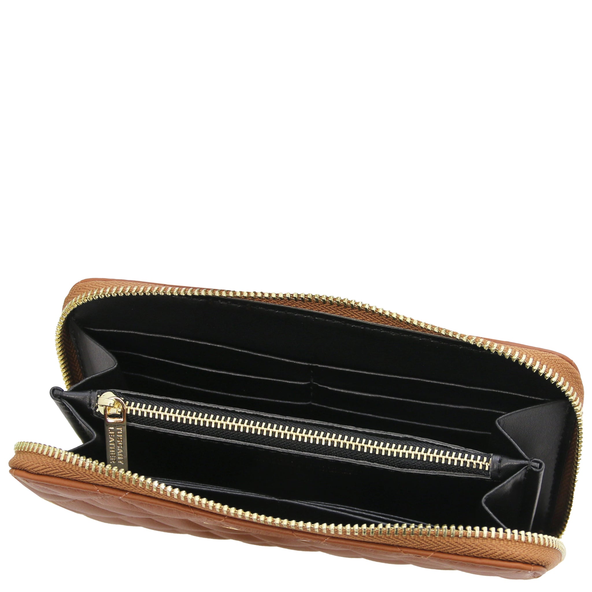 Top interior view Penelope Exclusive Zip Around Italian Leather Wallet in cognac showing zip coin pocket, card slots and opened compartments