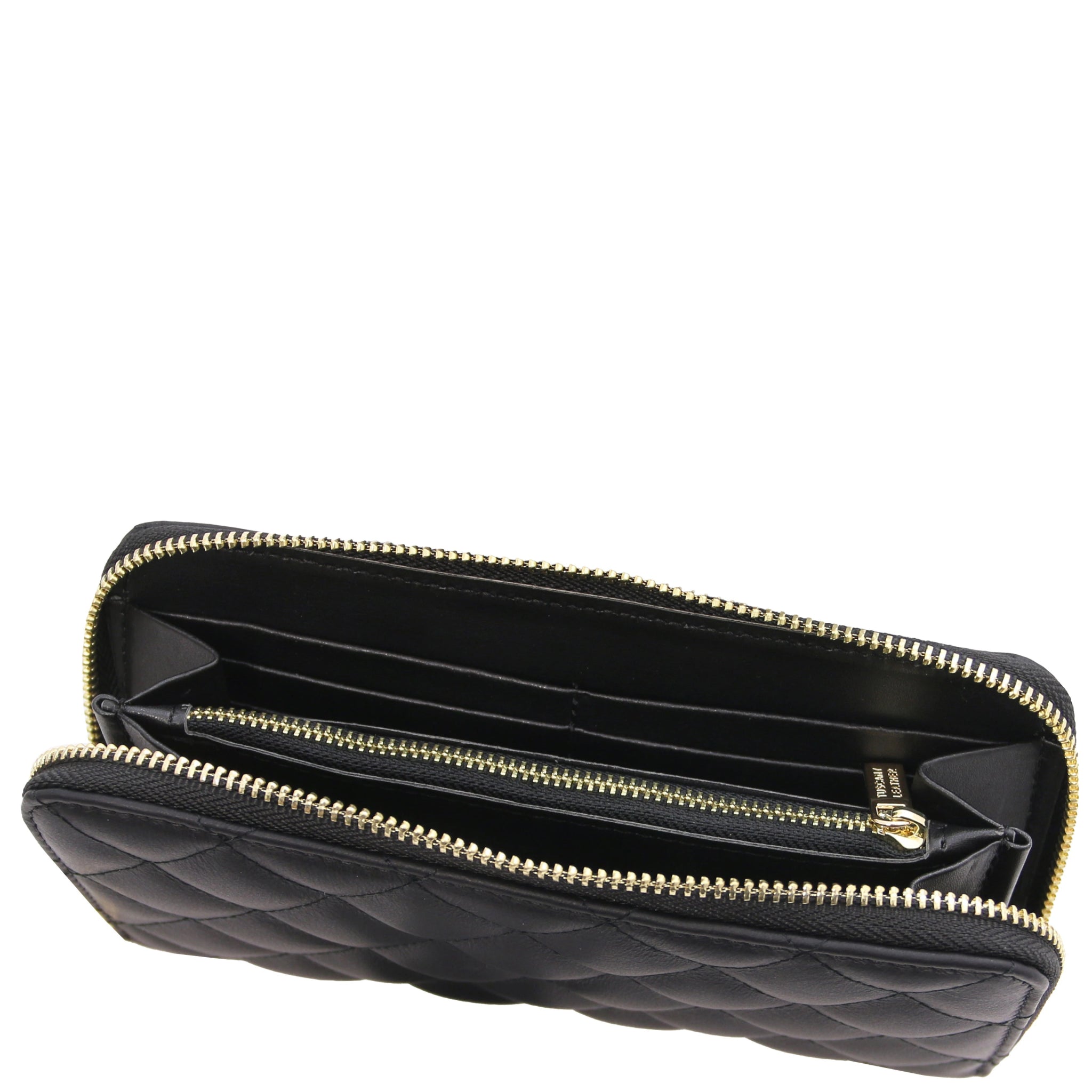 Top interior view Penelope Exclusive Zip Around Italian Leather Wallet in black showing zip coin pocket, card slots and opened compartments