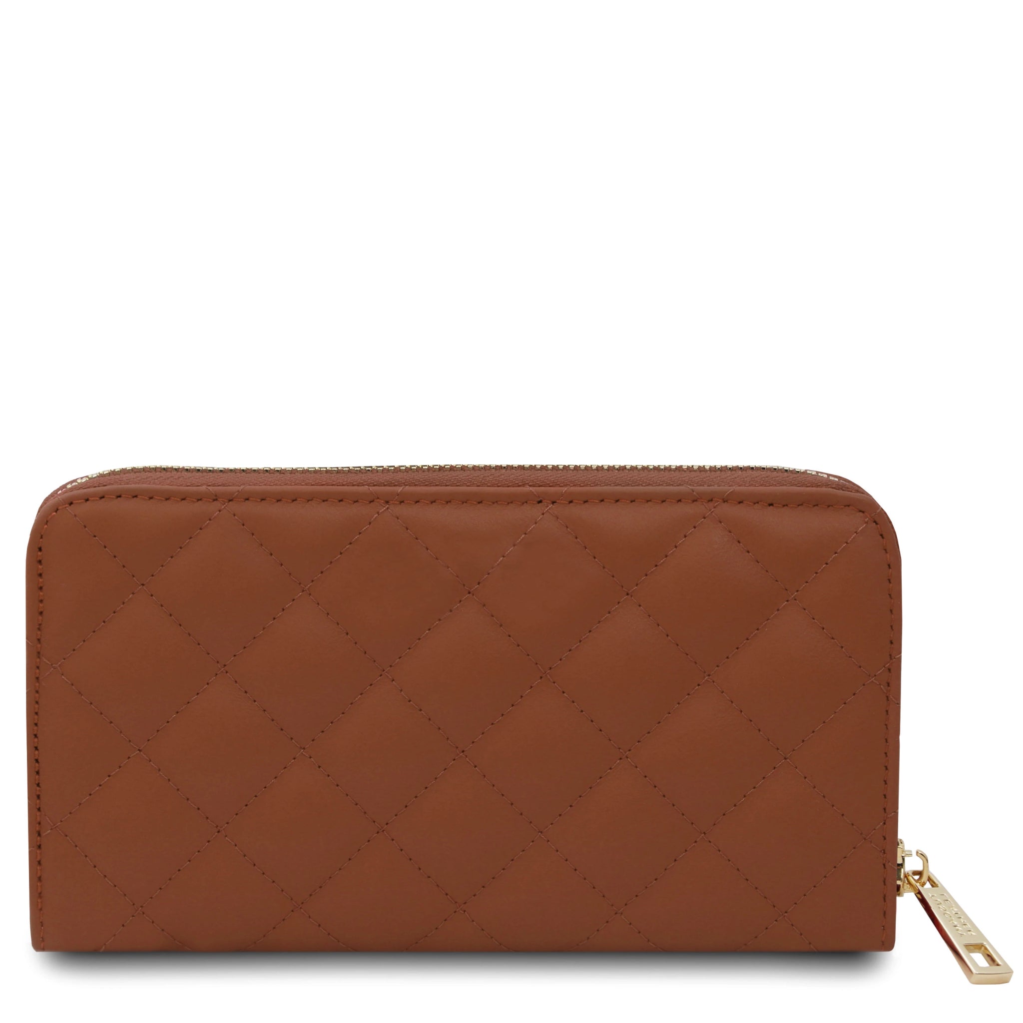 Back view Penelope Exclusive Zip Around Italian quilted Leather Wallet in cognac on a white background