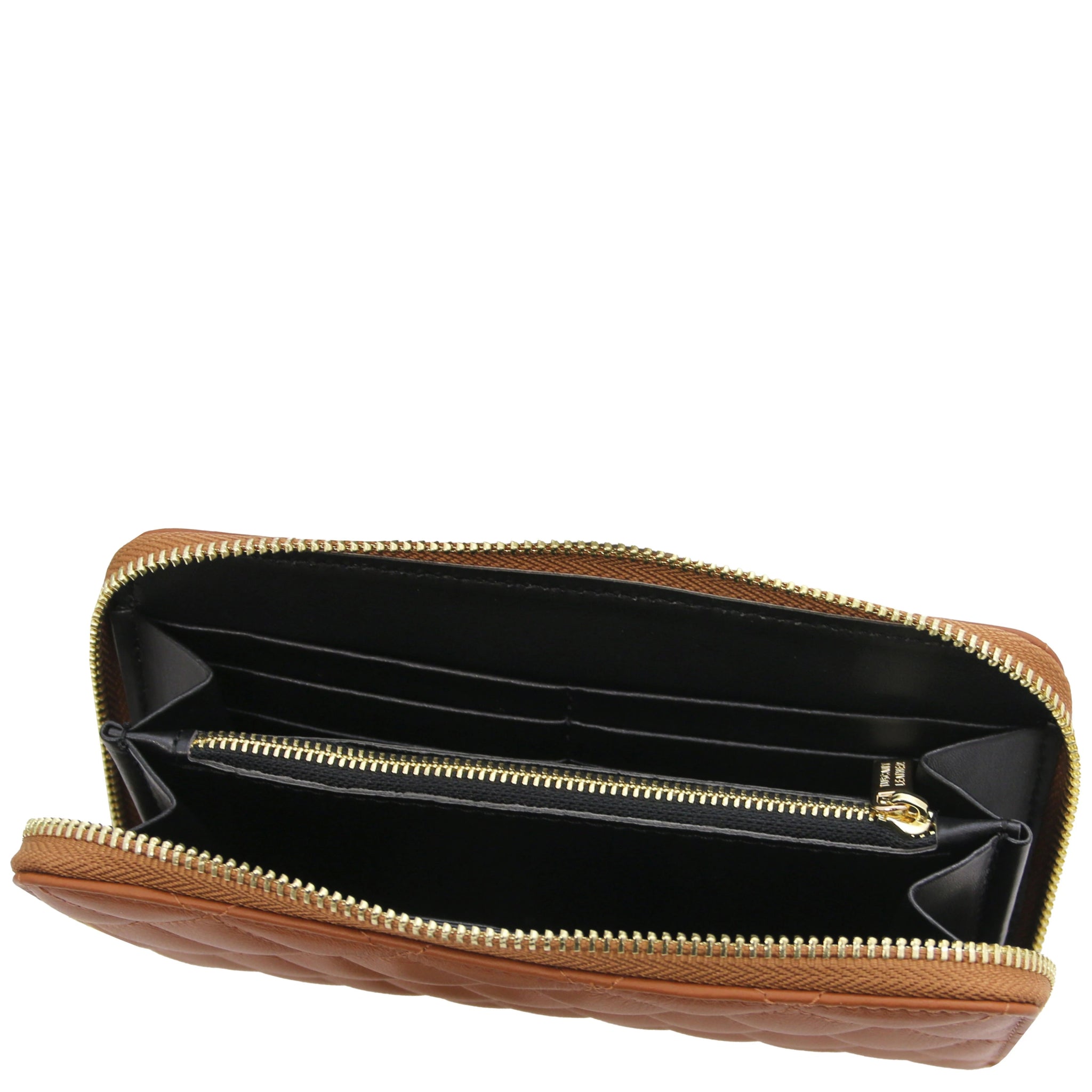 Top interior view Penelope Exclusive Zip Around Italian Leather Wallet in cognac showing zip coin pocket, card slots, opened compartments and dark lining