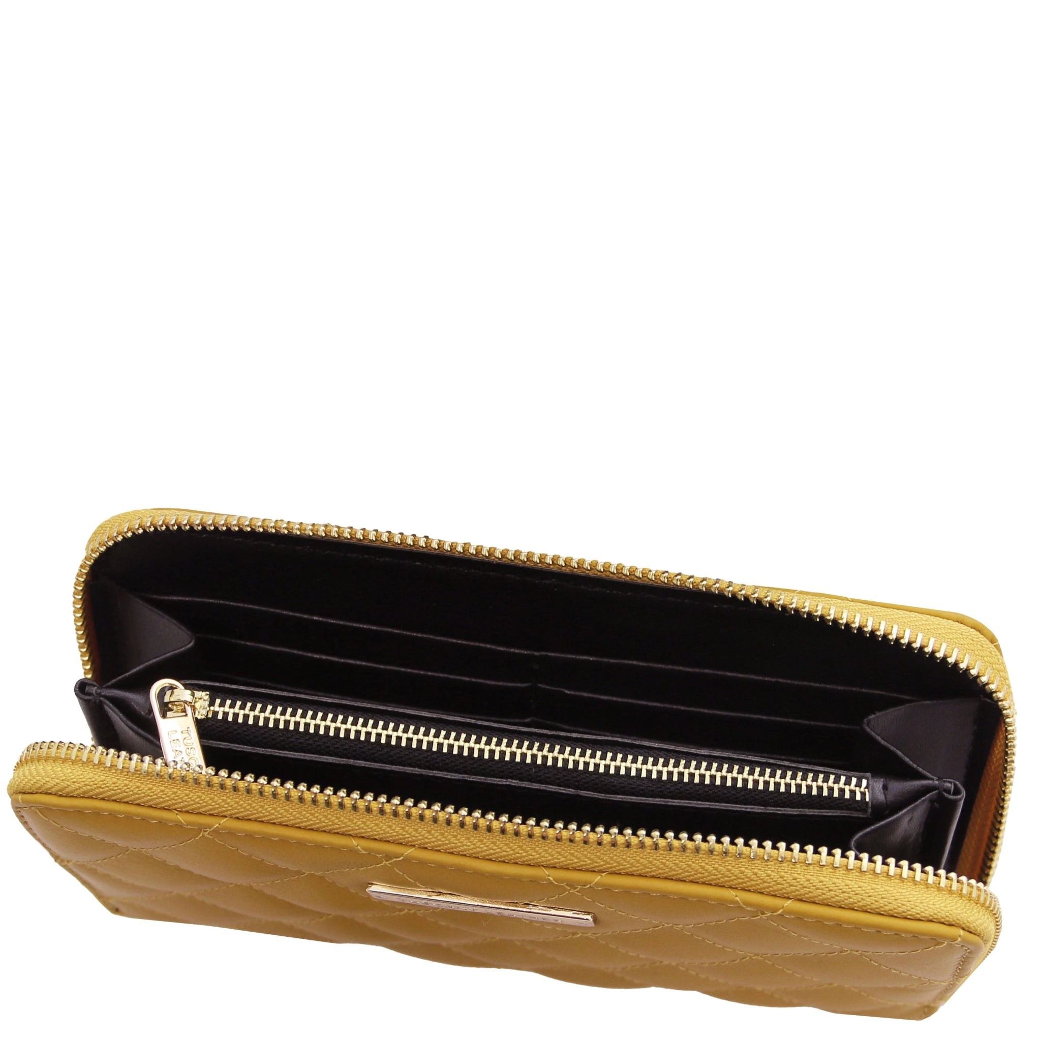 Top interior view Penelope Exclusive Zip Around Italian Leather Wallet in mustard showing zip coin pocket, card slots, opened compartments and dark lining