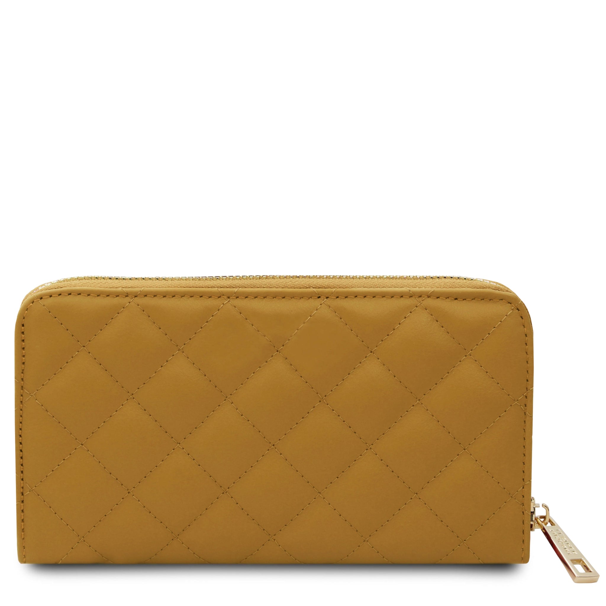 Back view Penelope Exclusive Zip Around Italian quilted Leather Wallet in mustard on a white background