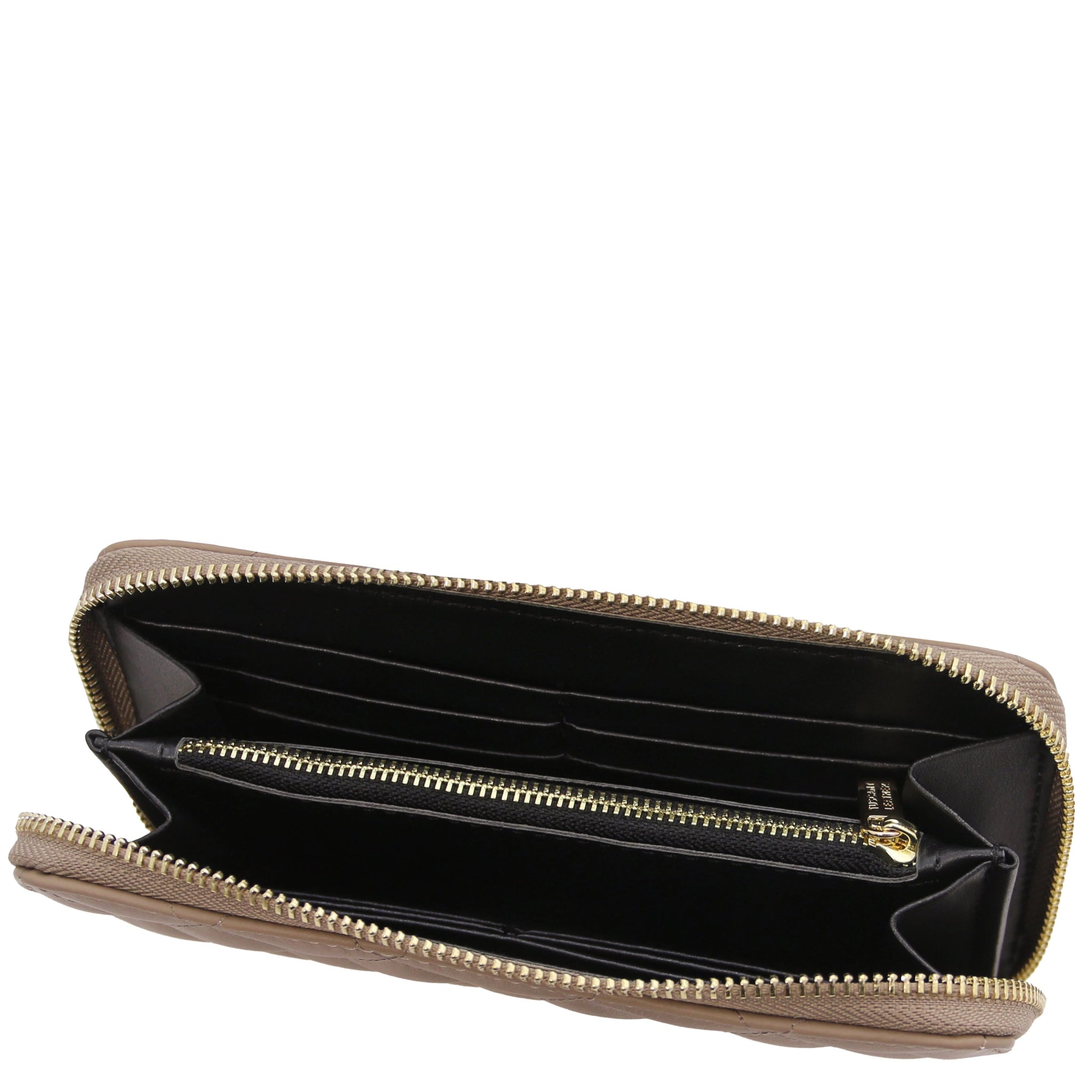 Top interior view Penelope Exclusive Zip Around Italian Leather Wallet in dark taupe showing zip coin pocket, card slots and opened compartments