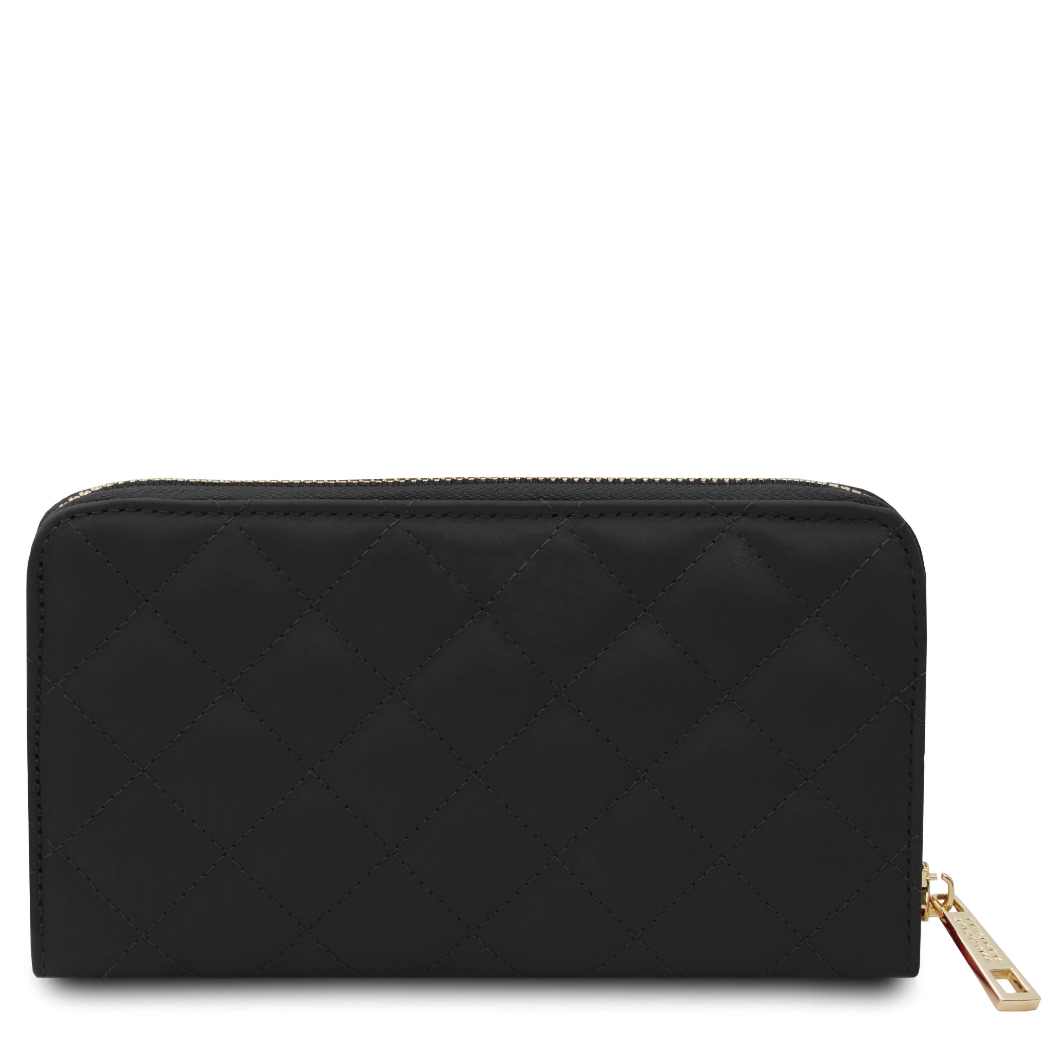 Back view Penelope Exclusive Zip Around Italian quilted Leather Wallet in black on a white background