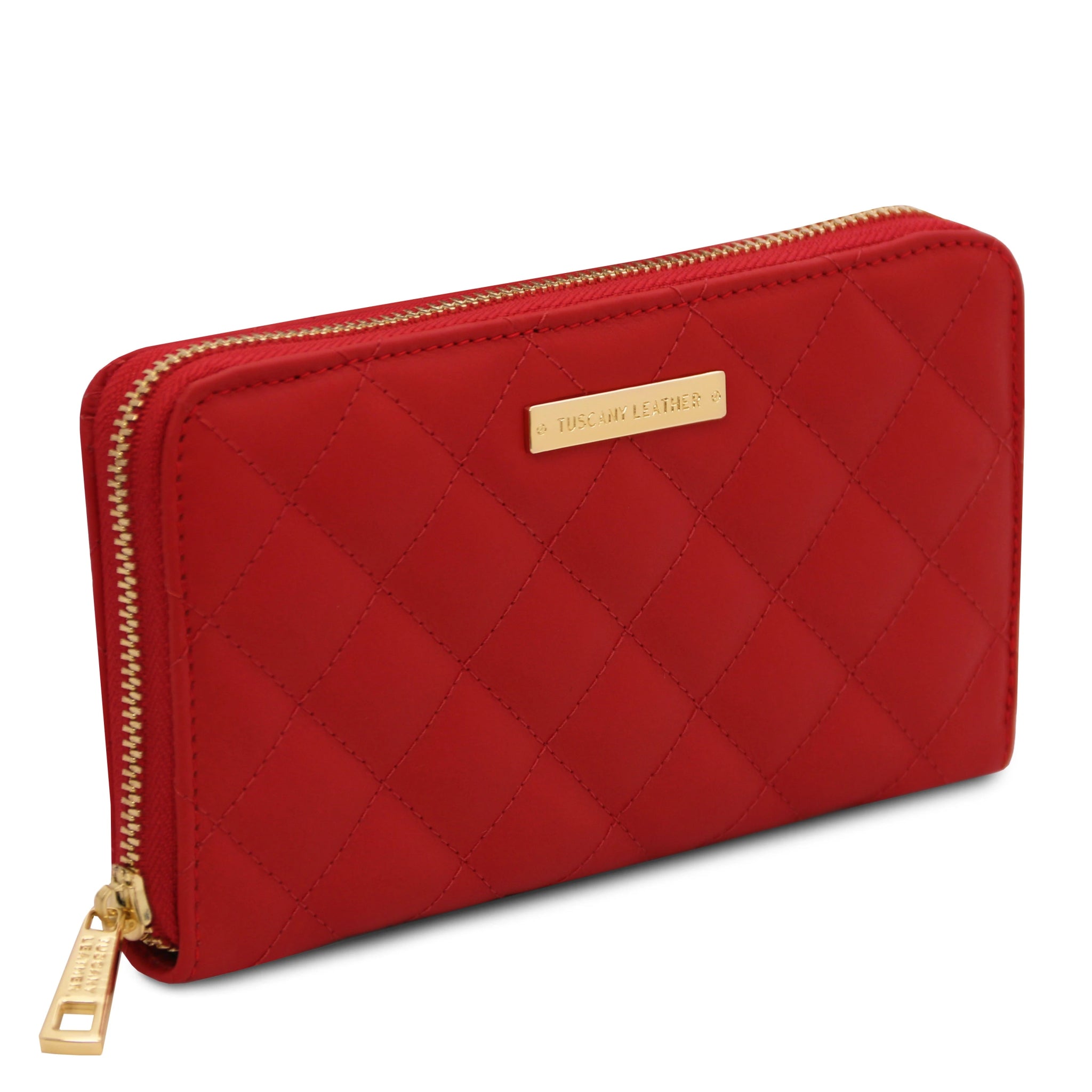 Front side view Penelope Exclusive Zip Around Italian quilted Leather Wallet in red on a white background
