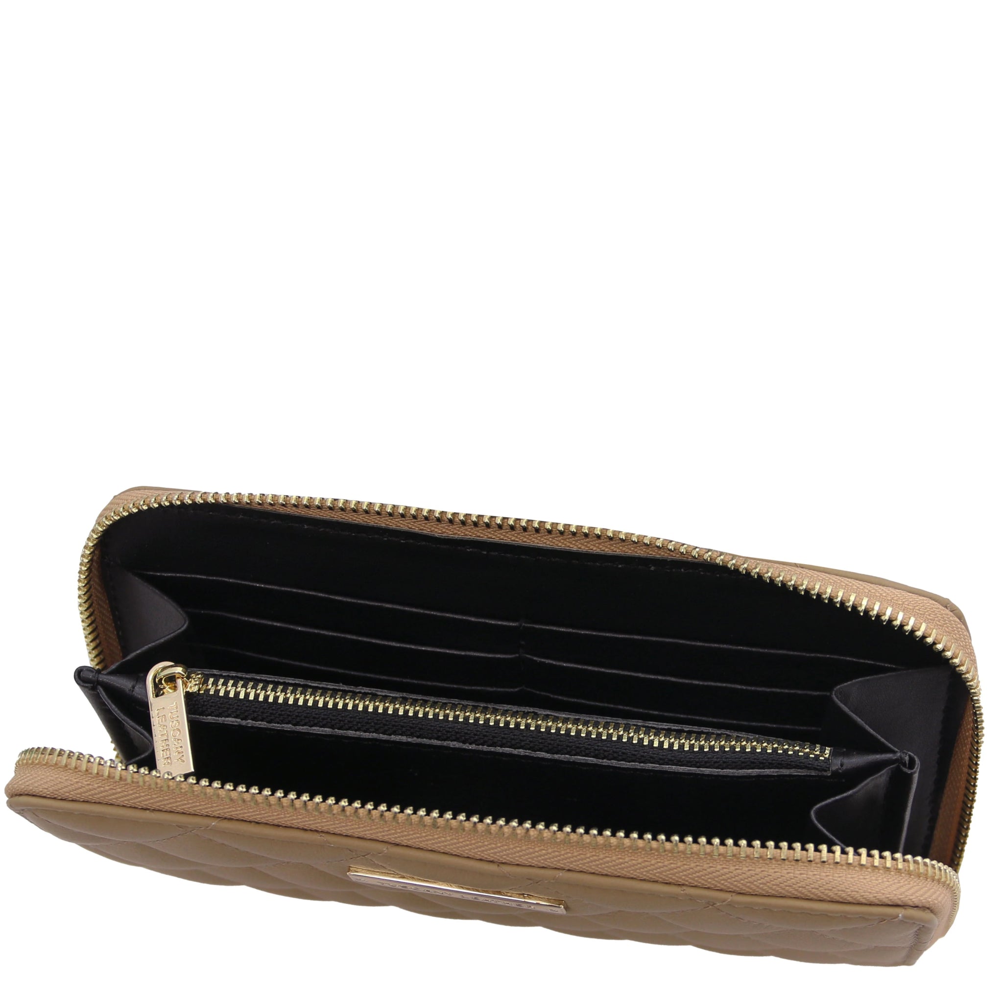 Top interior view Penelope Exclusive Zip Around Italian Leather Wallet in light taupe showing zip coin pocket, card slots, opened compartments and dark lining
