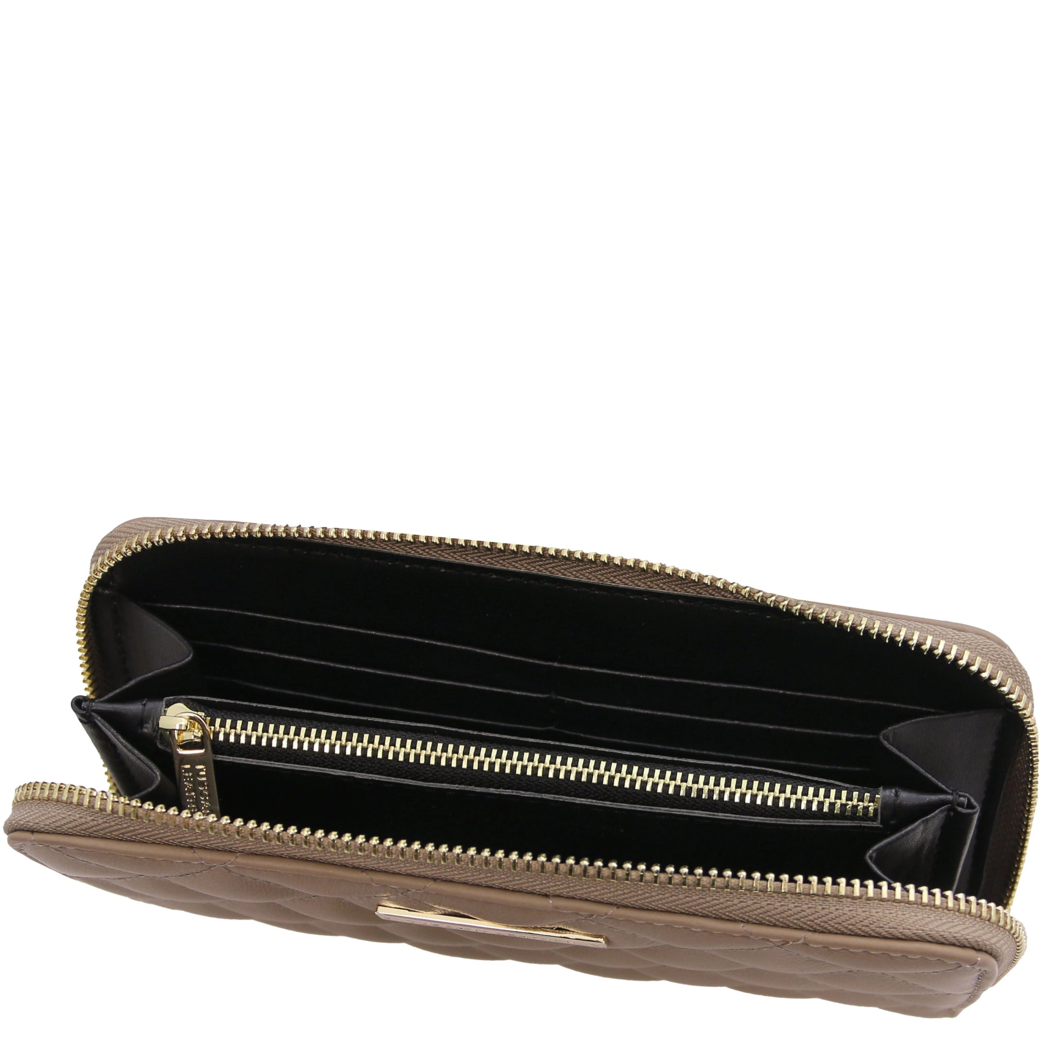 Top interior view Penelope Exclusive Zip Around Italian Leather Wallet in dark taupe showing zip coin pocket, card slots, opened compartments and dark lining