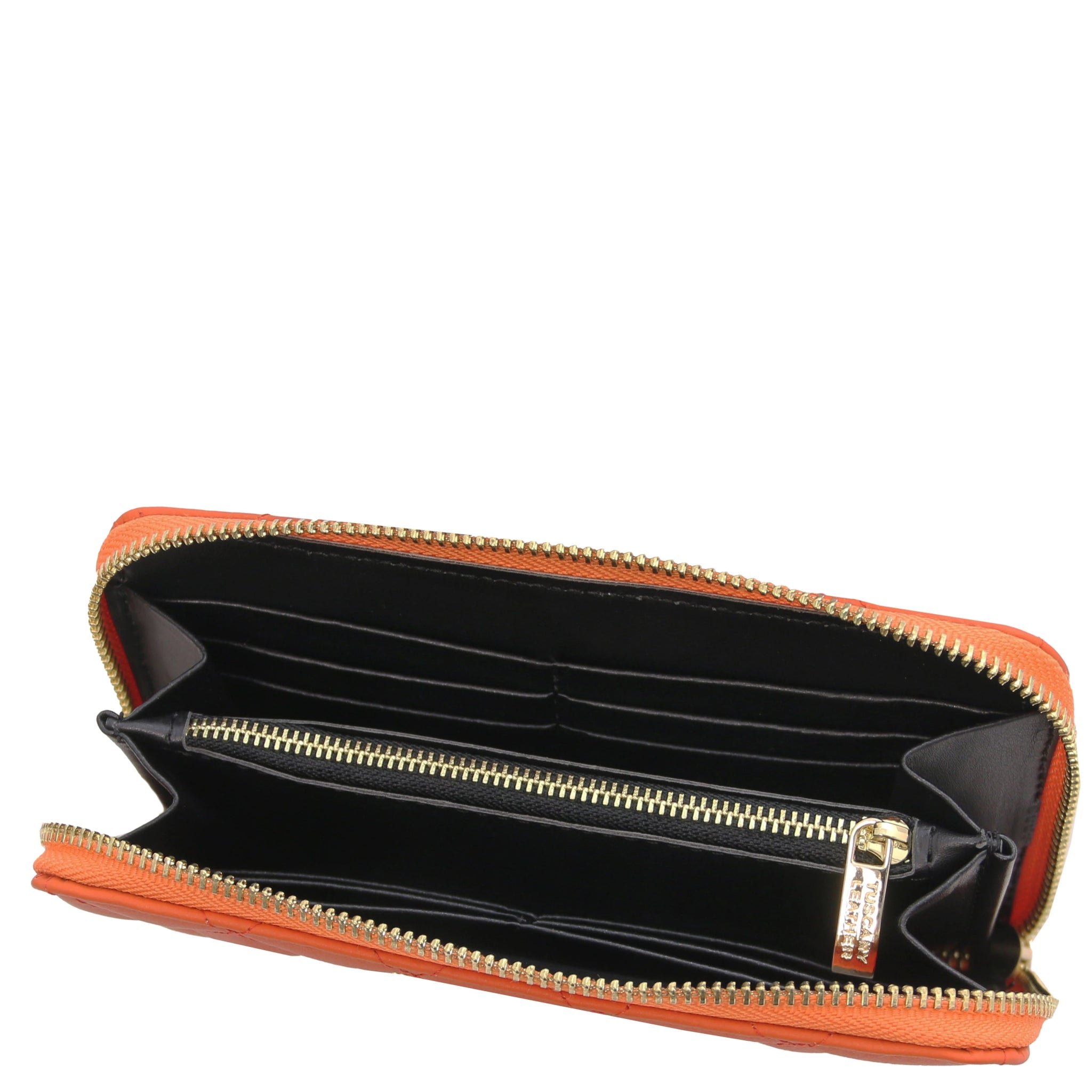 Top interior view Penelope Exclusive Zip Around Italian Leather Wallet in orange showing zip coin pocket, card slots, opened compartments and dark lining