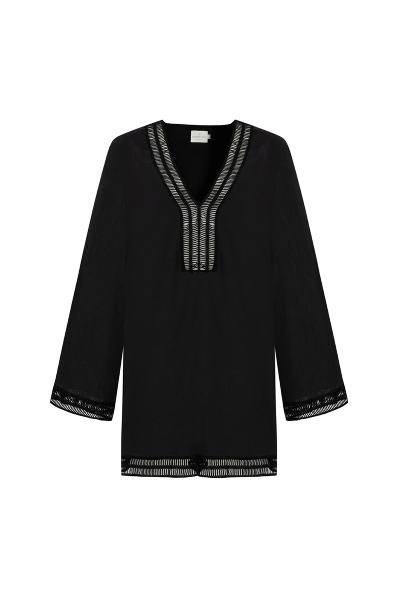 Positano Turkish Cotton Cover Up Dress with Lace in Black on a white background