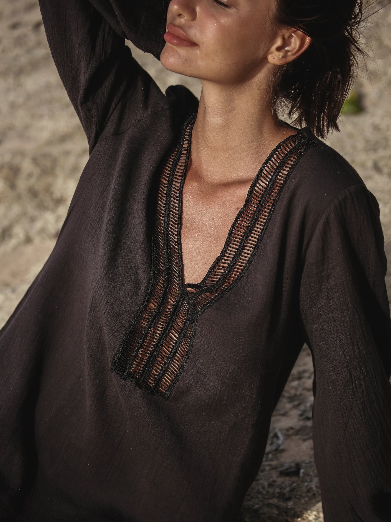 Close up view of model wearing Positano Turkish Cotton Cover Up Dress in Black