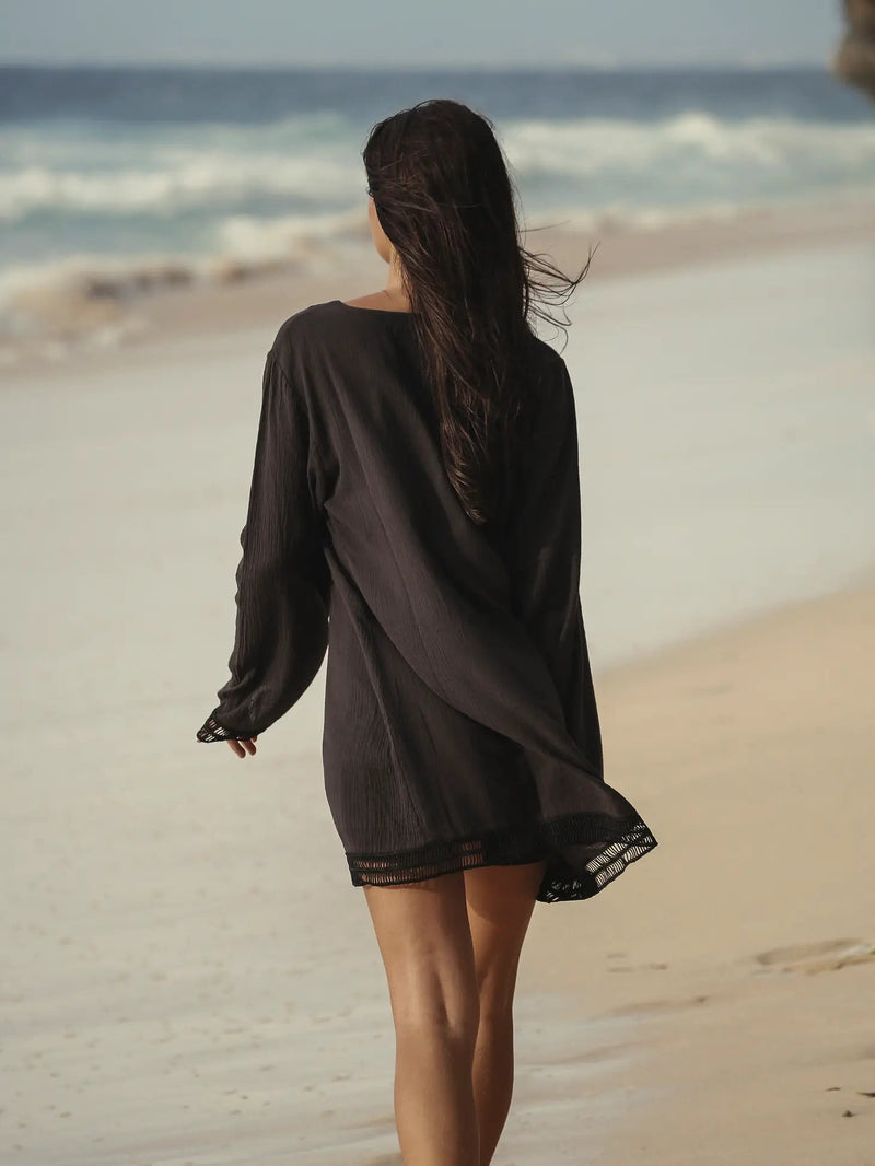 Positano Turkish Cotton Cover Up Dress with Lace in Black - L'Atelier Global