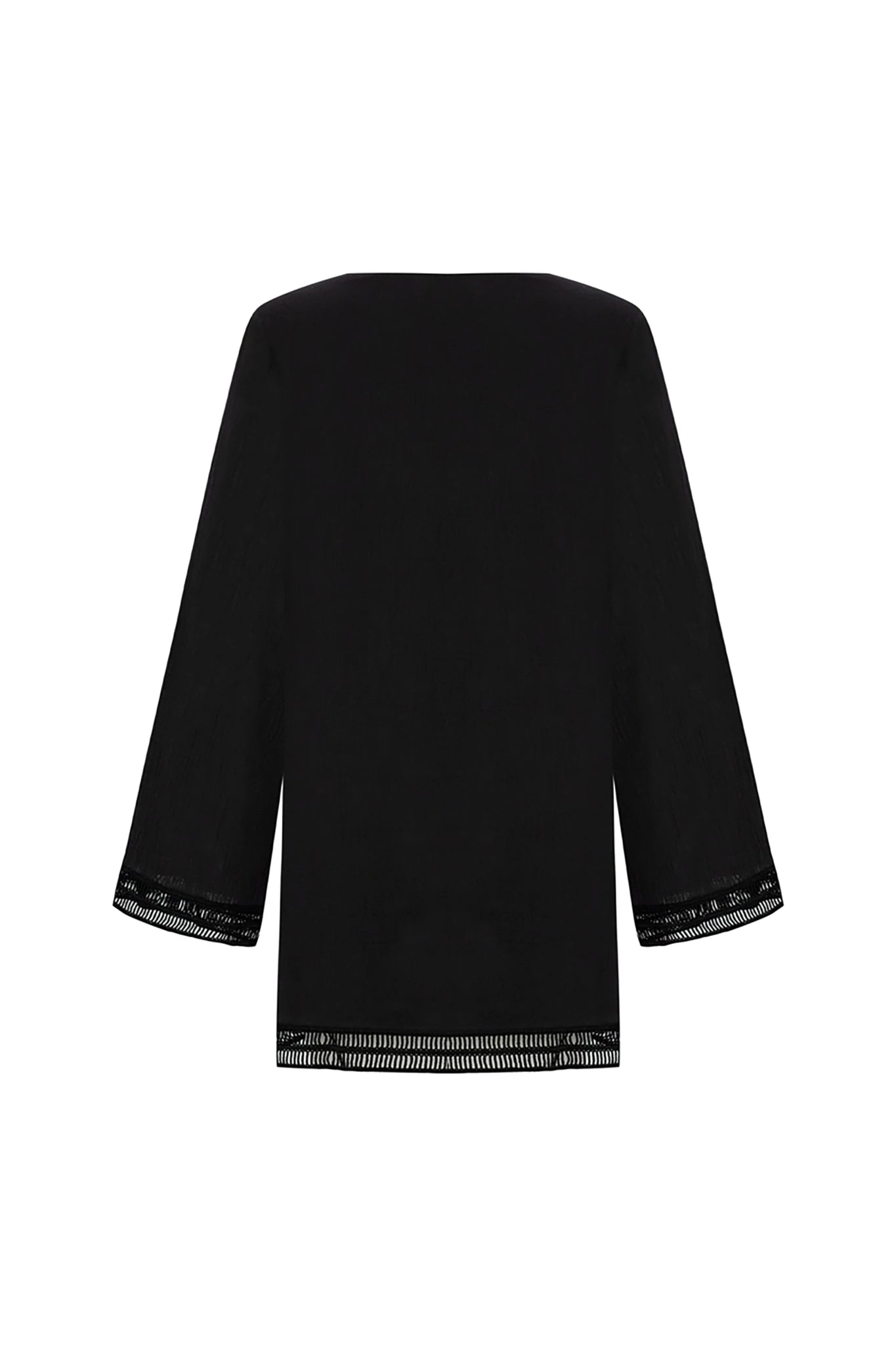 Back of Positano Turkish Cotton Cover Up Dress with Lace in Black on white