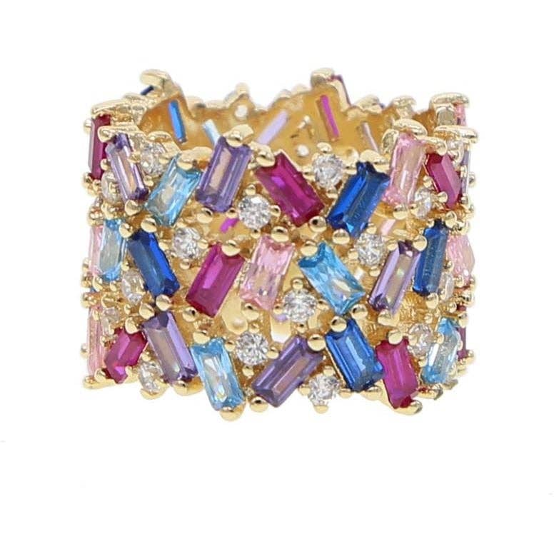 Rainbow Baguette Cubic Zirconia Gold Ring on a white background
