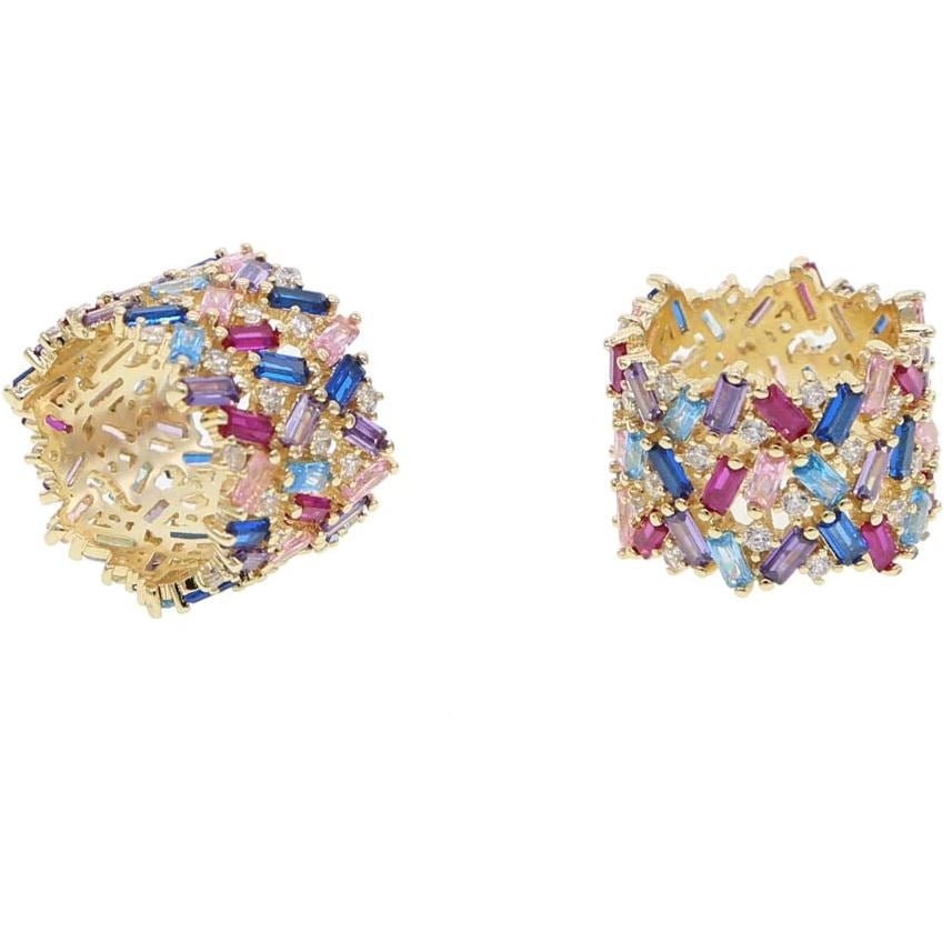 Rainbow Baguette Cubic Zirconia Gold Ring on a white background