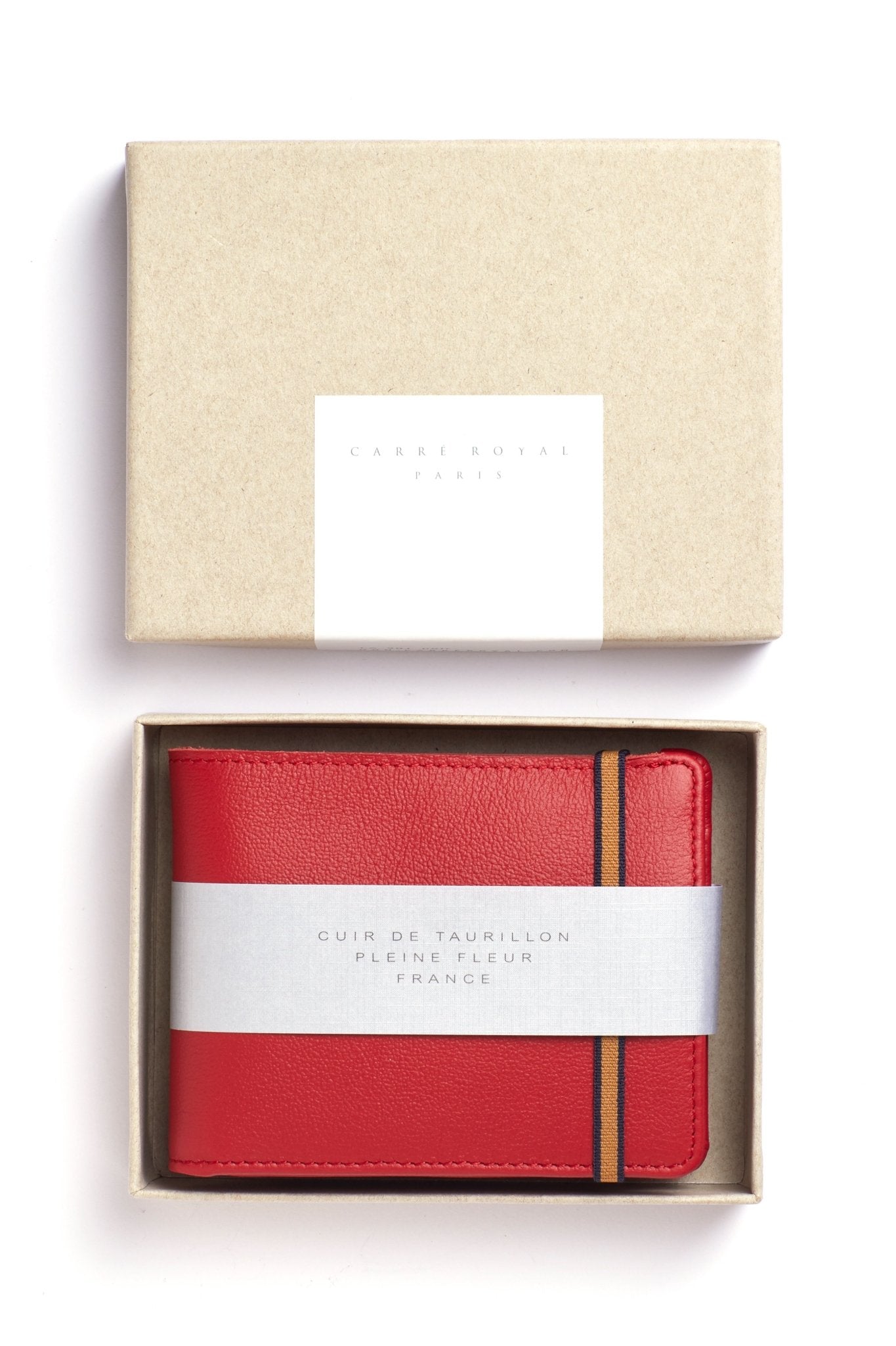 Red Minimalist Wallet With Coin Pocket and gold/black elastic closure with box on a white background - L'Atelier Global