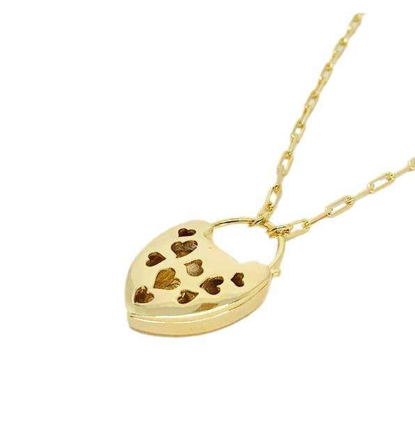 Rio Gold Lock Heart Necklace showing the back side with nine whimsical hearts - L'Atelier Global