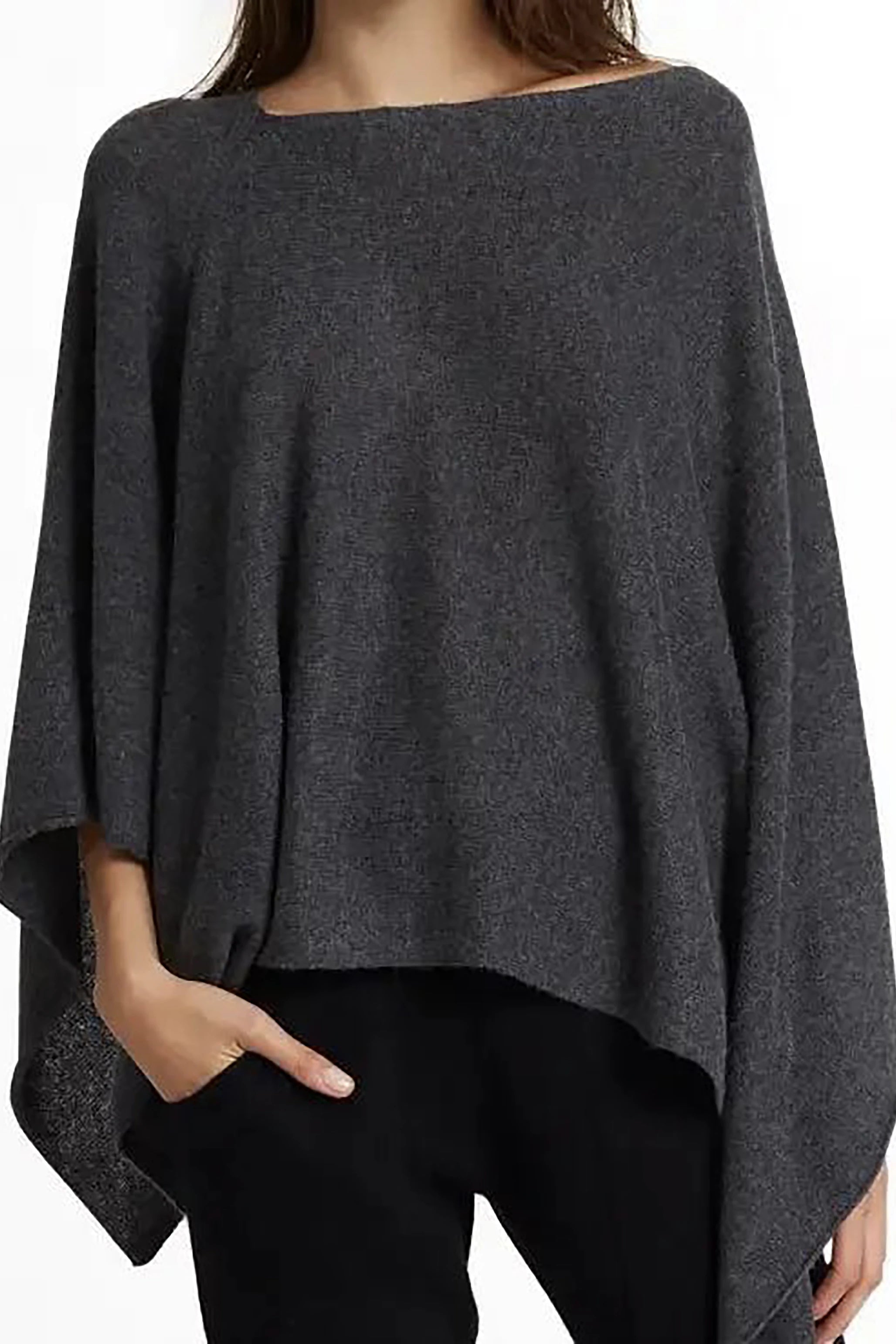 Roma Cashmere Blend Asymmetrical Poncho in charcoal on model wearing black pants - L'Atelier Global