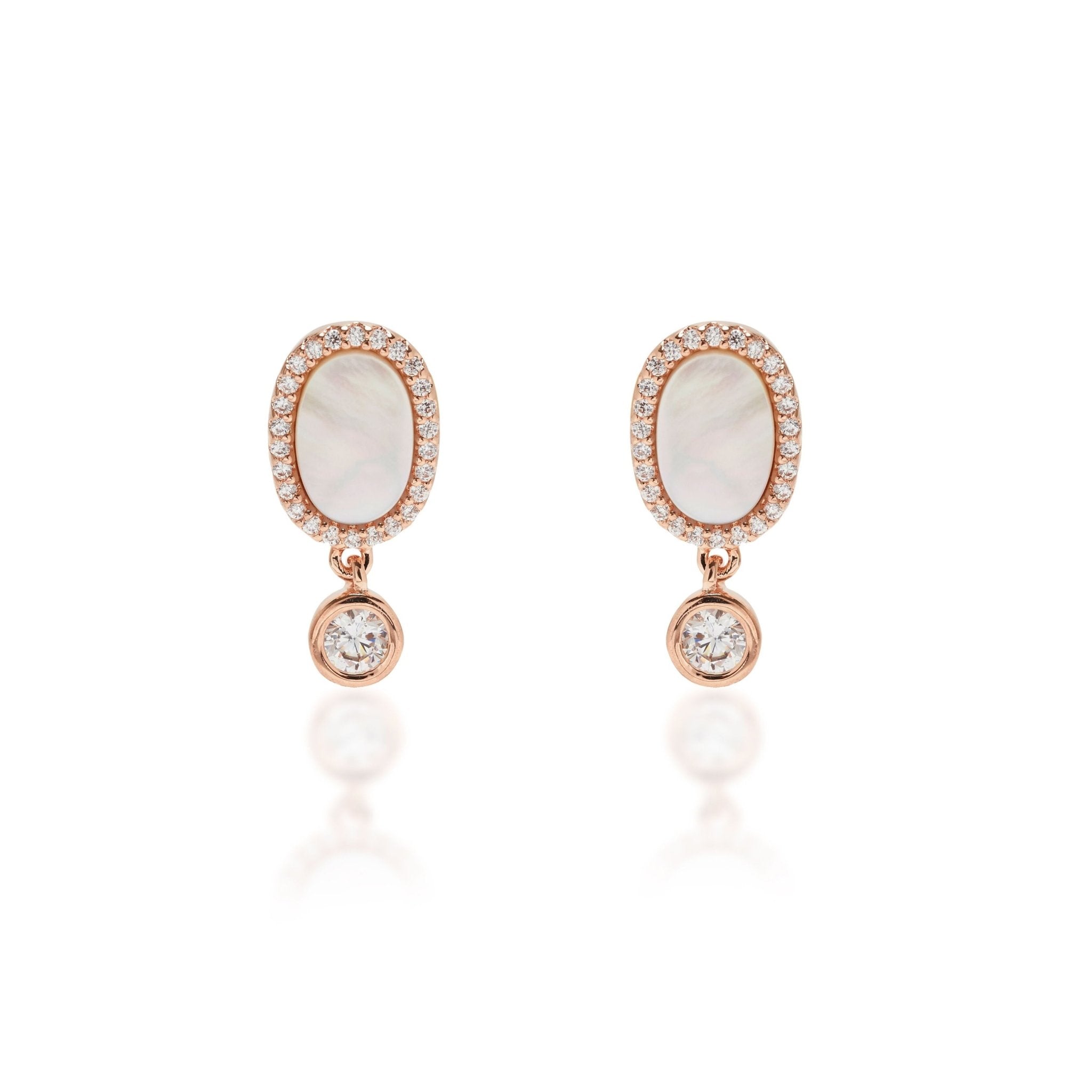 Rose Gold Mother of Pearl Drop Earrings on a white background