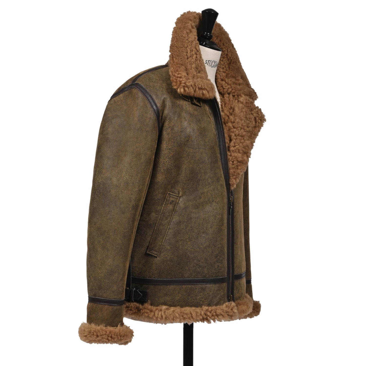 Right side view of a man wearing the Royal Sheepskin Flying Aviator Jacket in Brown