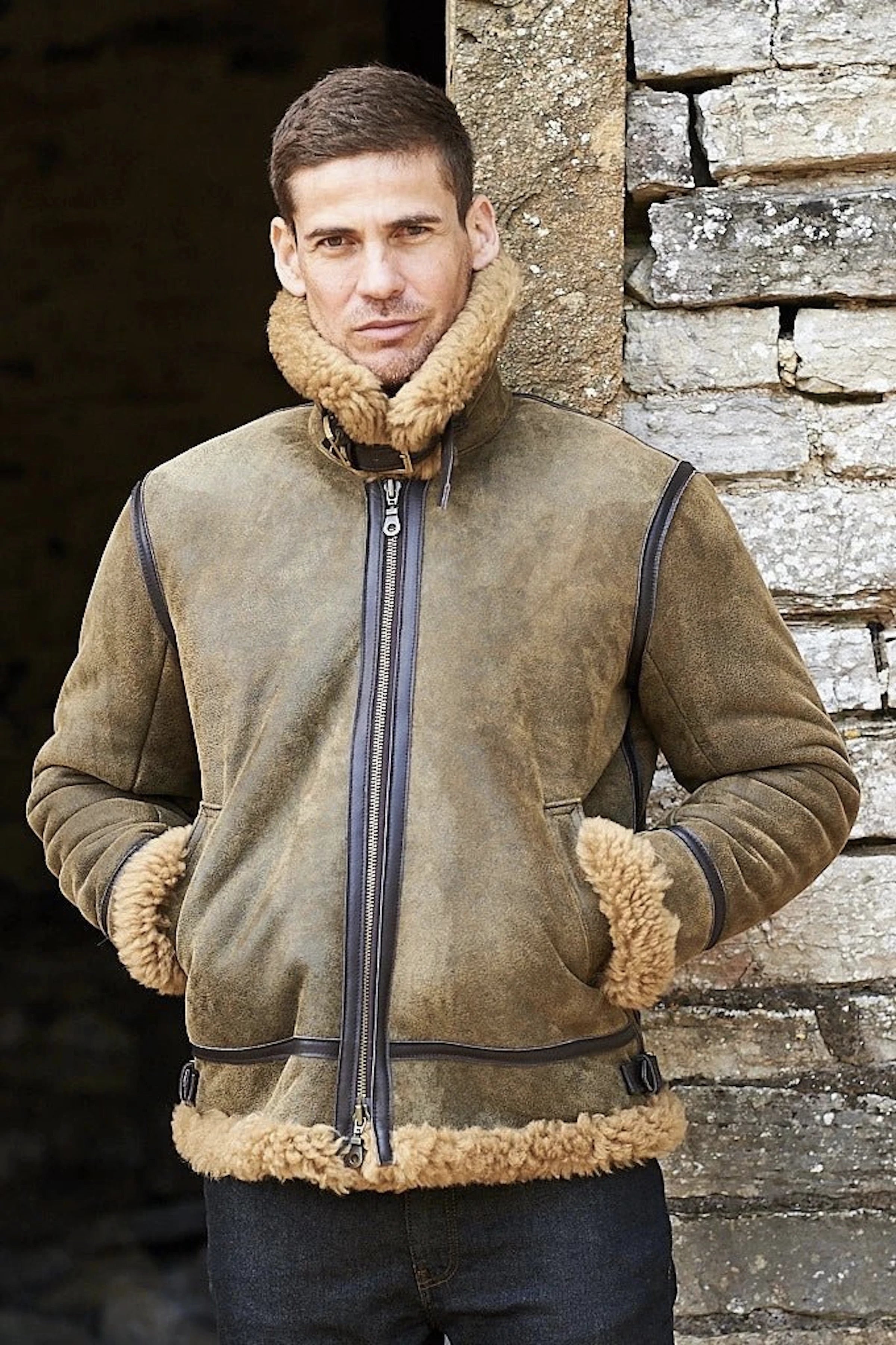 Front view of a man wearing the Royal Sheepskin Flying Aviator Jacket in Brown