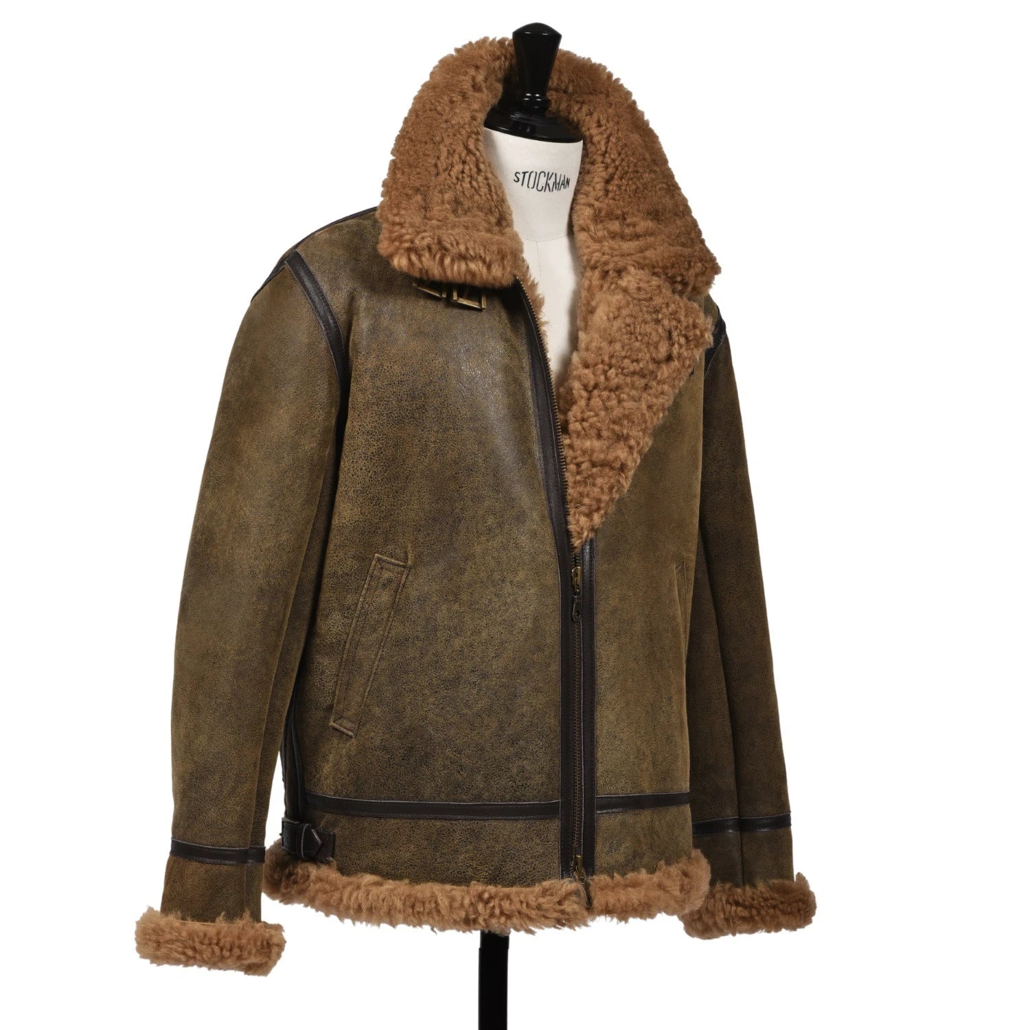 Side view Royal Sheepskin Flying Aviator Jacket in Brown on a bust form