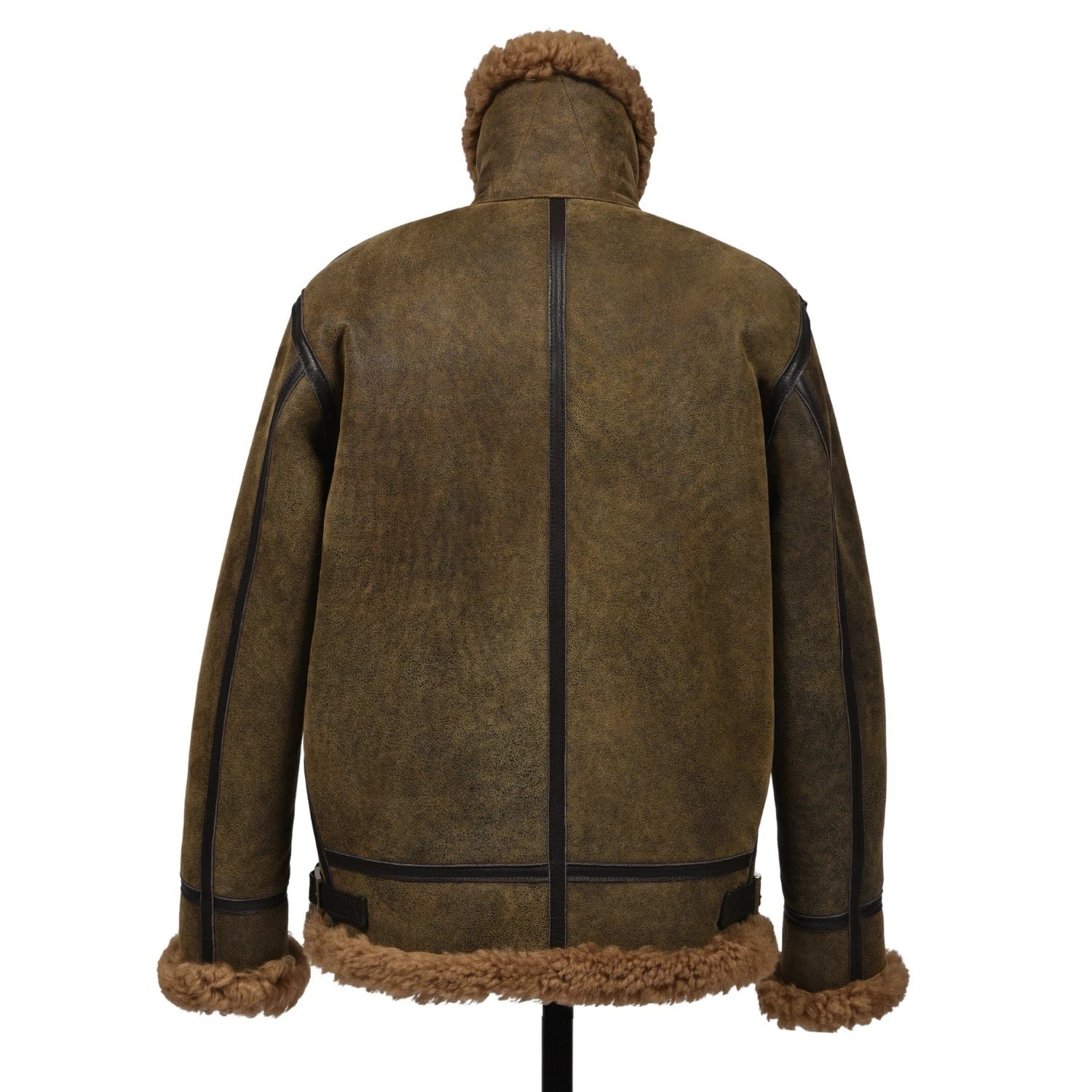 Back view of a man wearing the Royal Sheepskin Flying Aviator Jacket in Brown