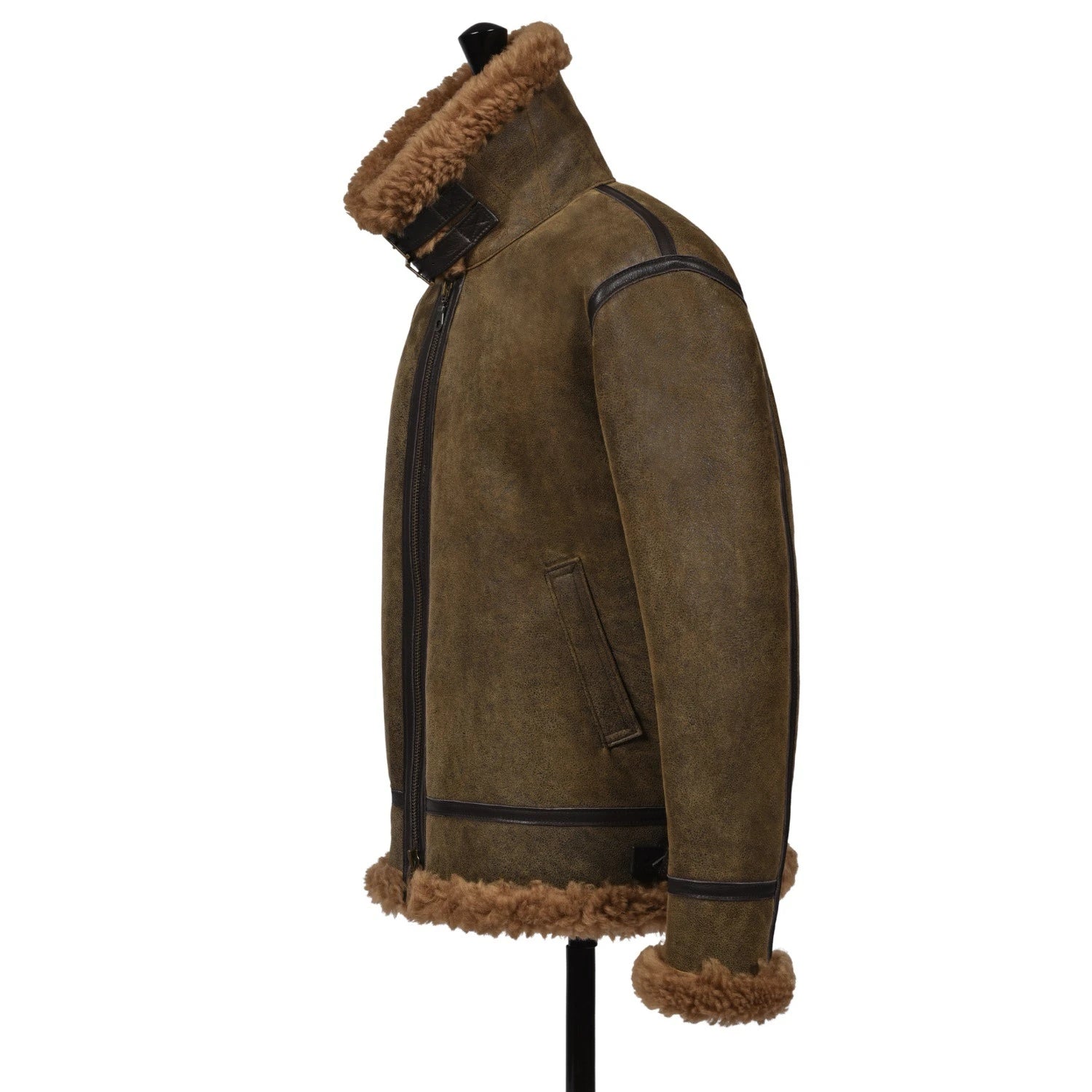 Left side view of a man wearing the Royal Sheepskin Flying Aviator Jacket in Brown