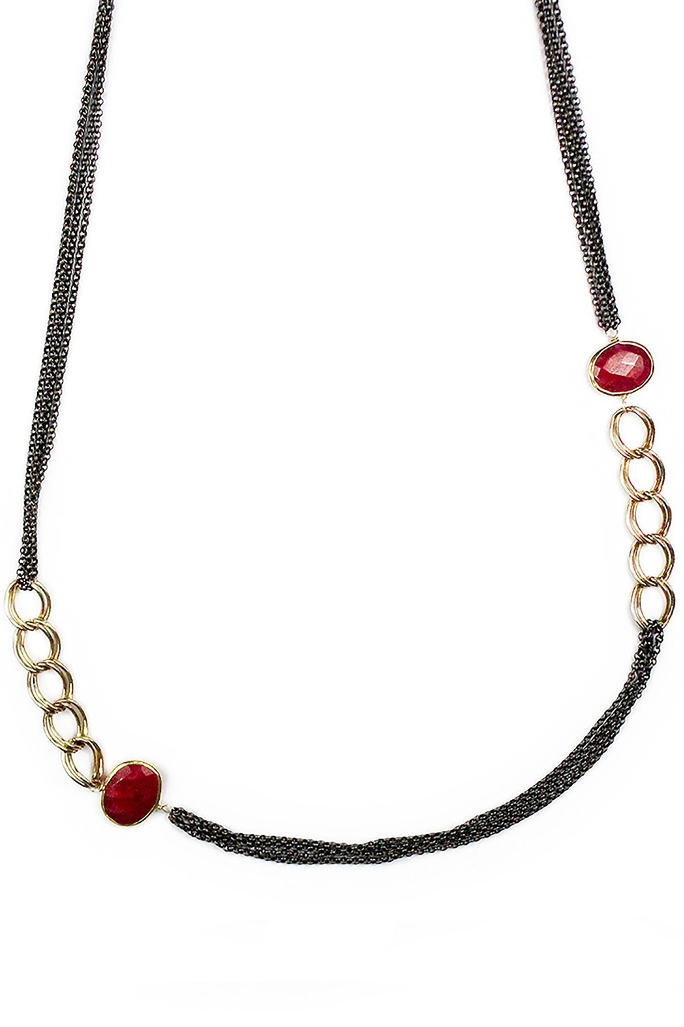 Close up view Ruby Mixed Metal Antique Long Necklace on a white background