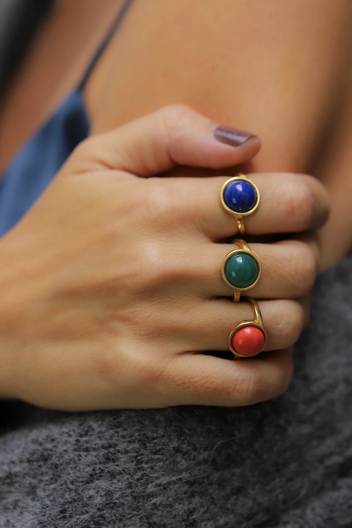 Santa Cruz Lapislazuli Adjustable Ring on a models fingers wearing all colors (blue, green, red) - L'Atelier Global