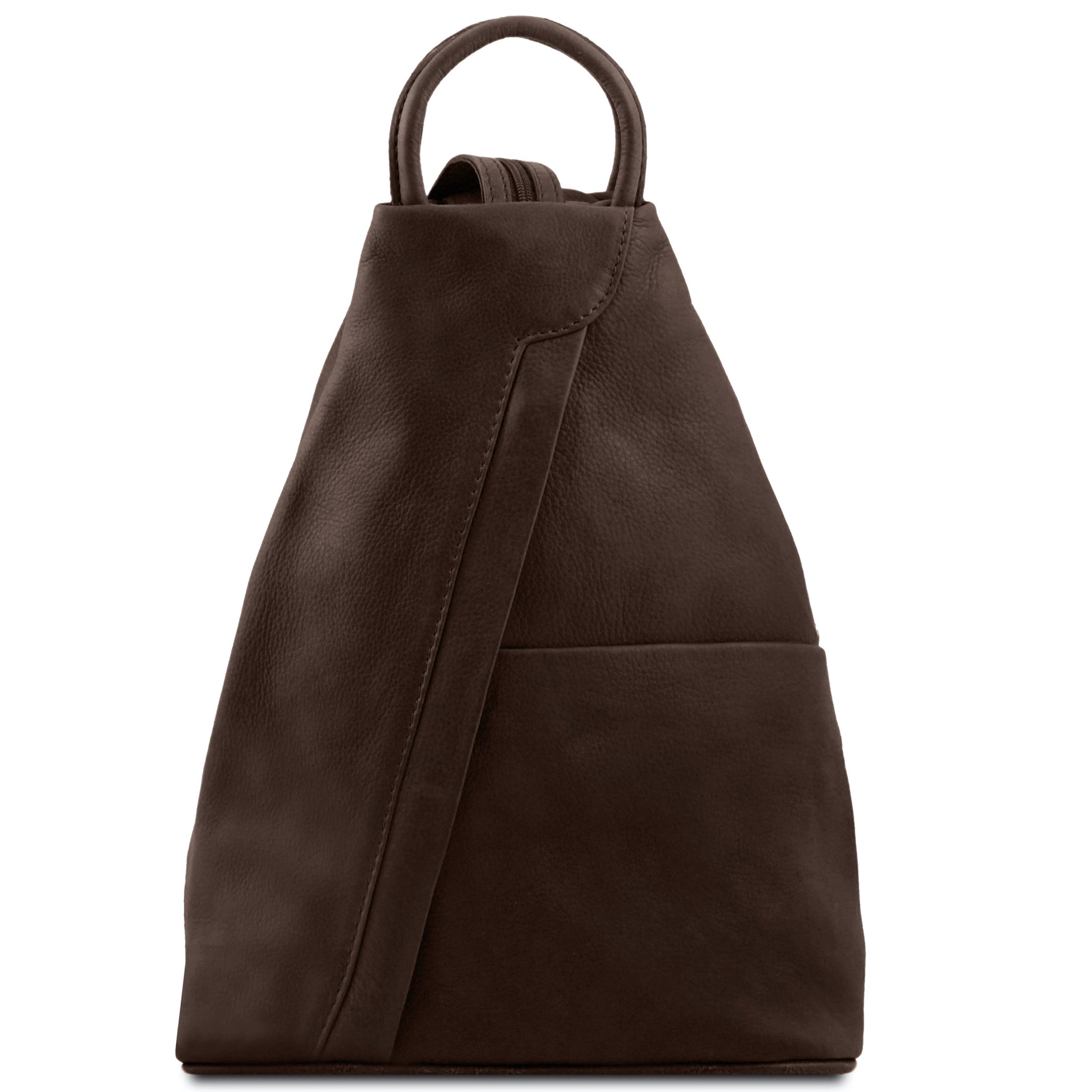 Shanghai Full Grain Leather Backpack in dark brown front view showing front angled zip and open pocket