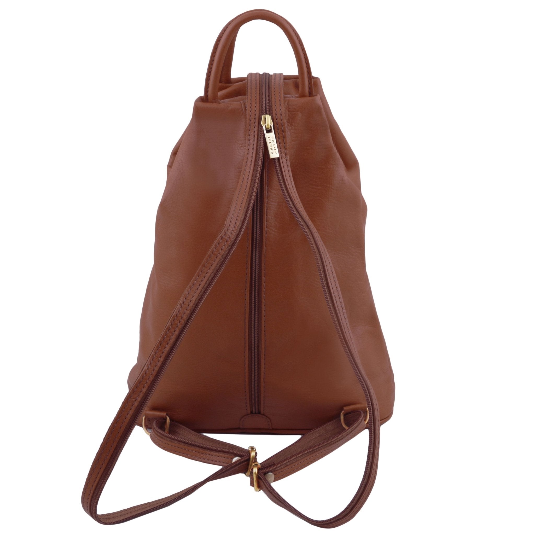Shanghai Full Grain Leather Backpack in  brown back view showing adjustable one to two strap back strap and main zipper