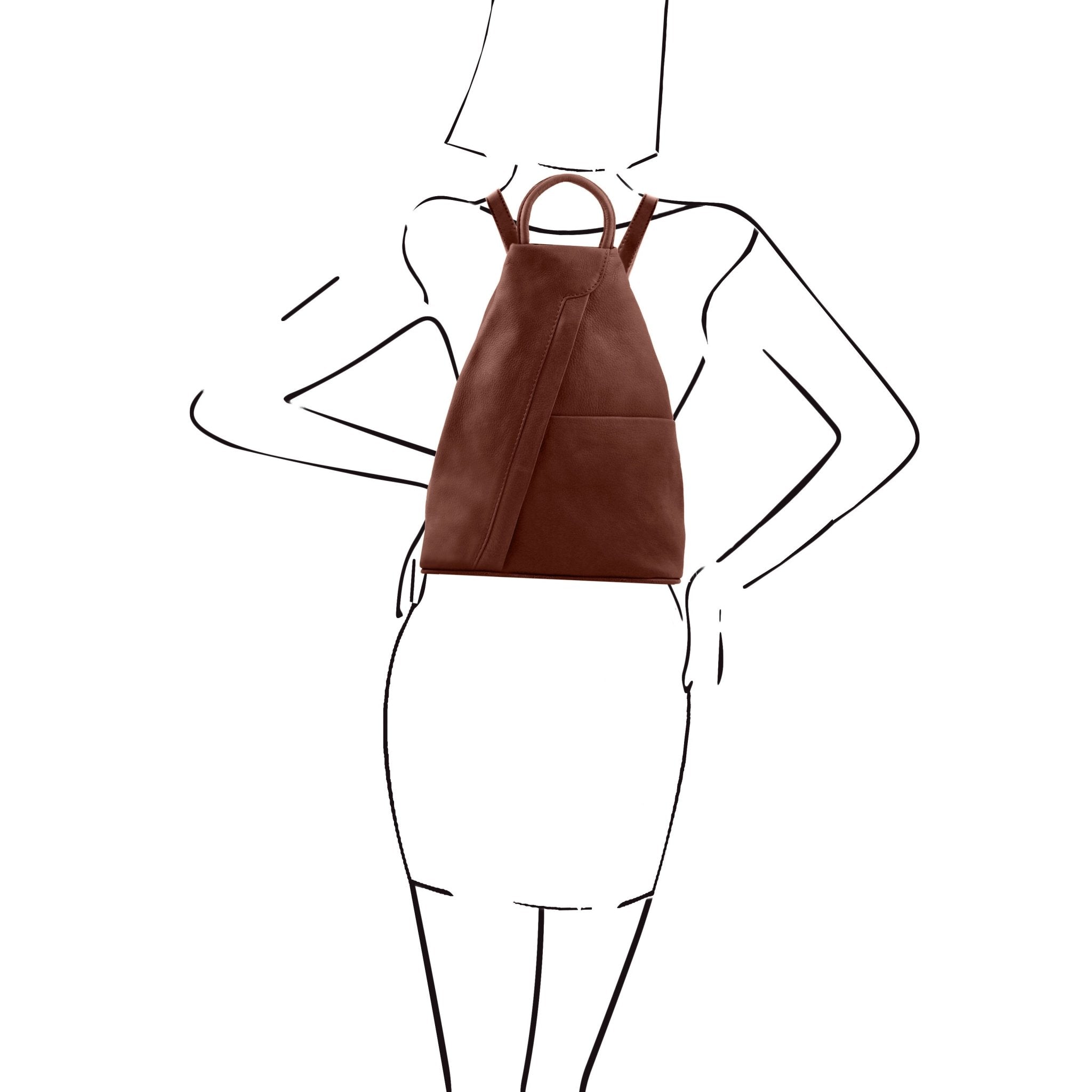 Black and white model sketch showing the Shanghai Full Grain Leather Backpack in Cinnamon worn around both shoulders